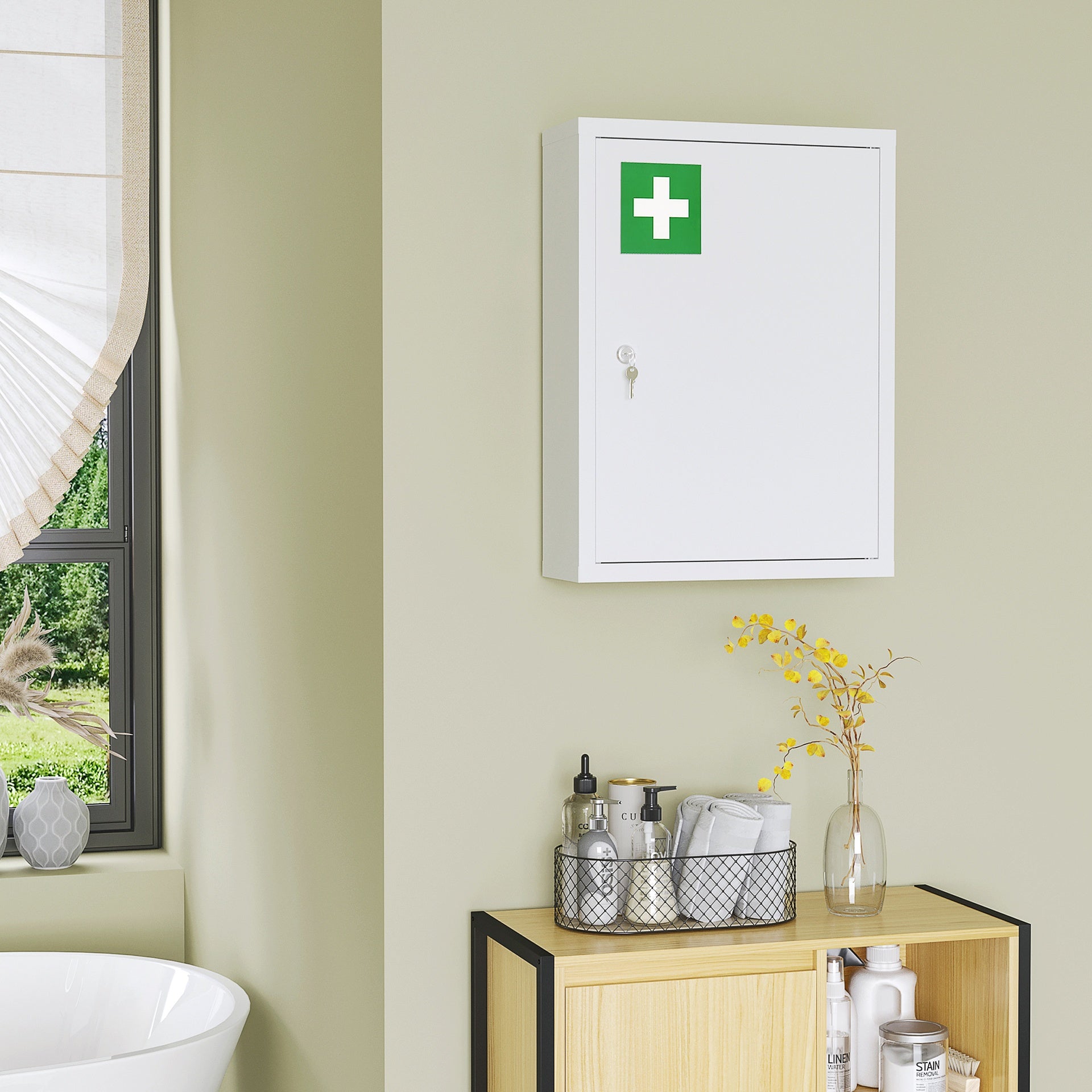 kleankin 16" x 21" Lockable Medicine Cabinet, 3 Tier Steel Medical Wall Box with 2 Keys and Shelves for Bathroom, White