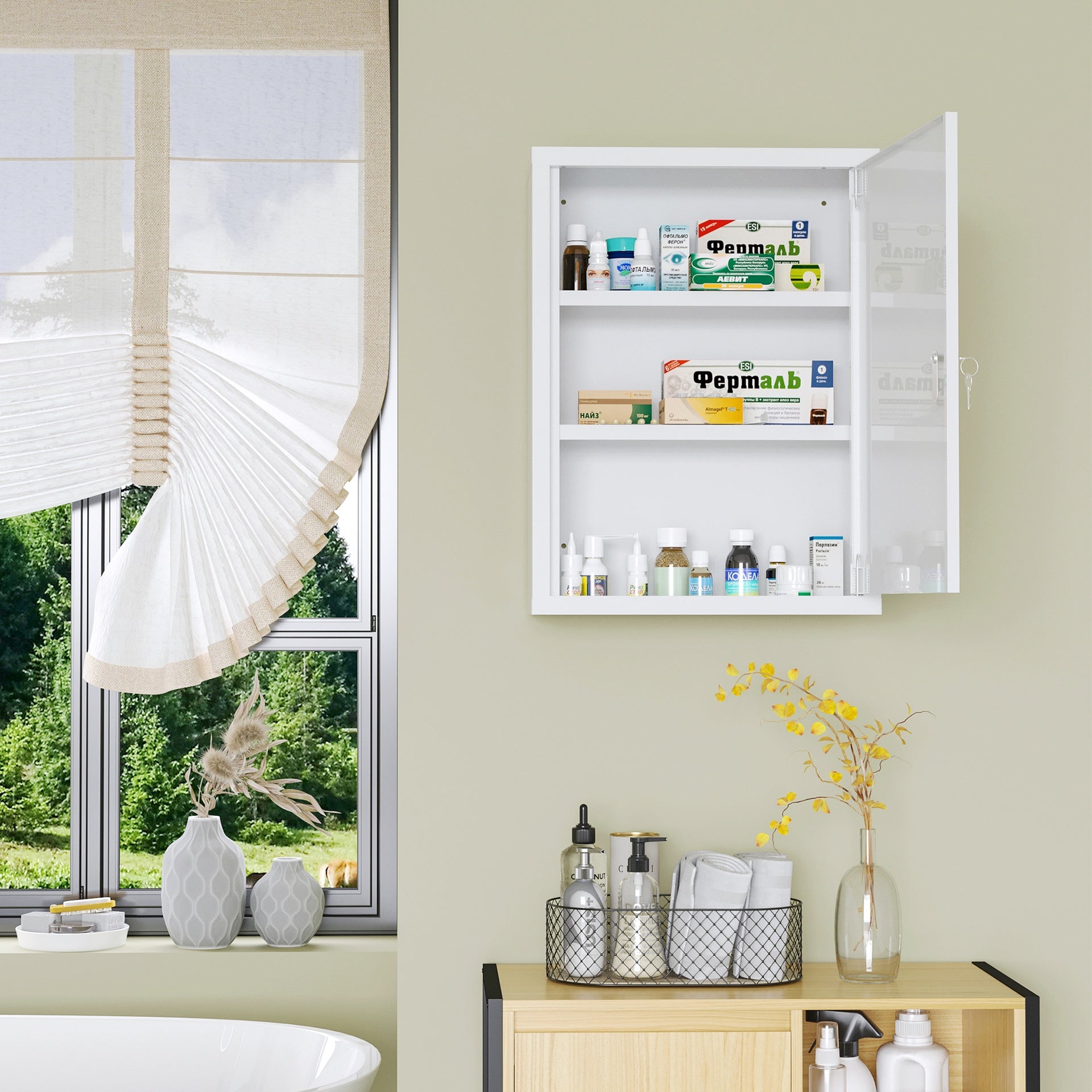 kleankin 16" x 21" Lockable Medicine Cabinet, 3 Tier Steel Medical Wall Box with 2 Keys and Shelves for Bathroom, White