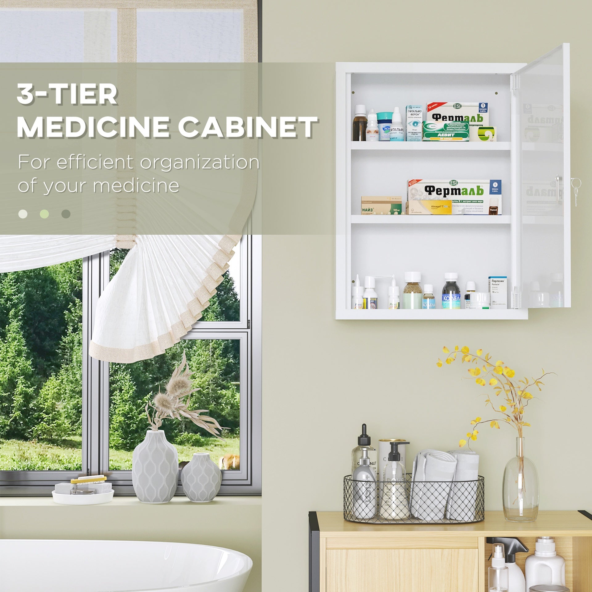kleankin 16" x 21" Lockable Medicine Cabinet, 3 Tier Steel Medical Wall Box with 2 Keys and Shelves for Bathroom, White