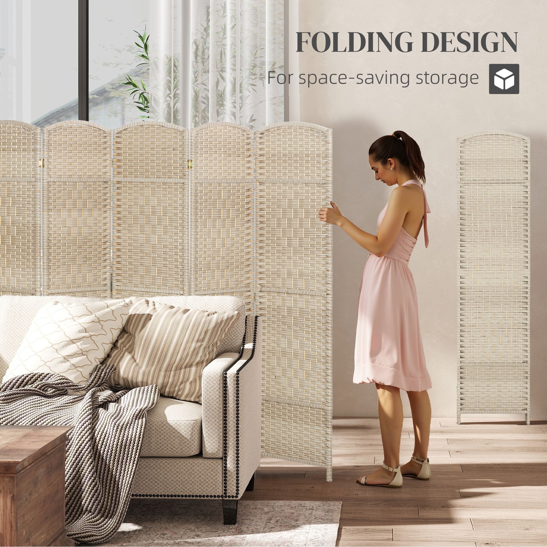 HOMCOM Folding Room Divider Screen 6 Panel 6' Tall Privacy Screen Freestanding Wood Partition for Home Office, Washed Oak