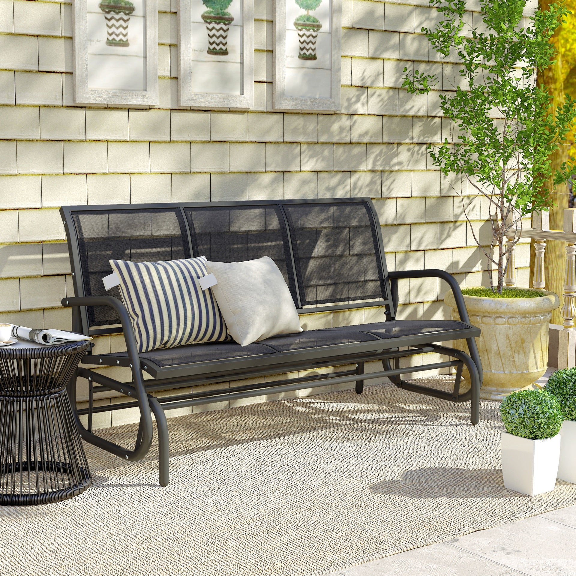 Outsunny 3-Person Outdoor Patio Glider Bench, Porch Glider Swing with 3 Seats, Breathable Mesh Fabric, Metal Frame, Black