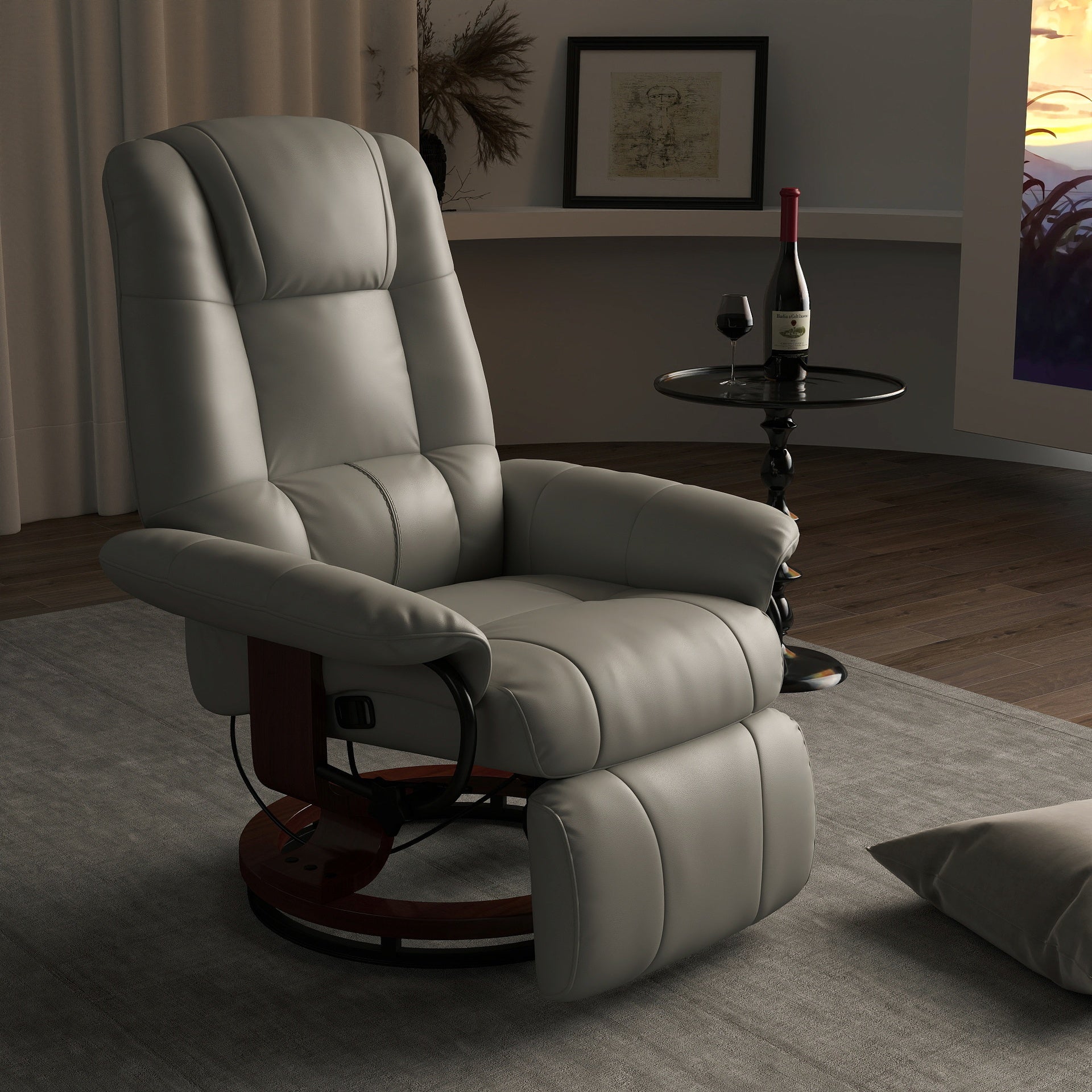 HOMCOM Faux Leather Manual Recliner, Adjustable Swivel Lounge Chair with Footrest, Armrest and Wrapped Wood Base for Living Room, Gray