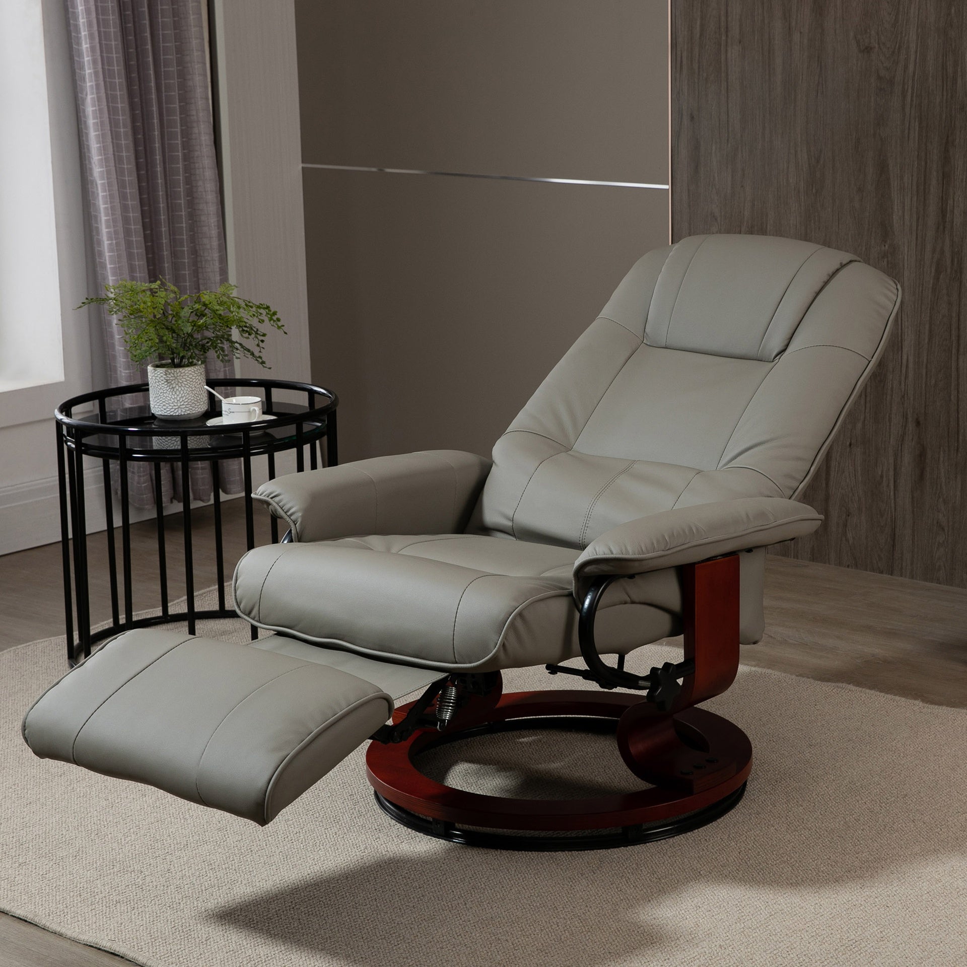HOMCOM Faux Leather Manual Recliner, Adjustable Swivel Lounge Chair with Footrest, Armrest and Wrapped Wood Base for Living Room, Gray