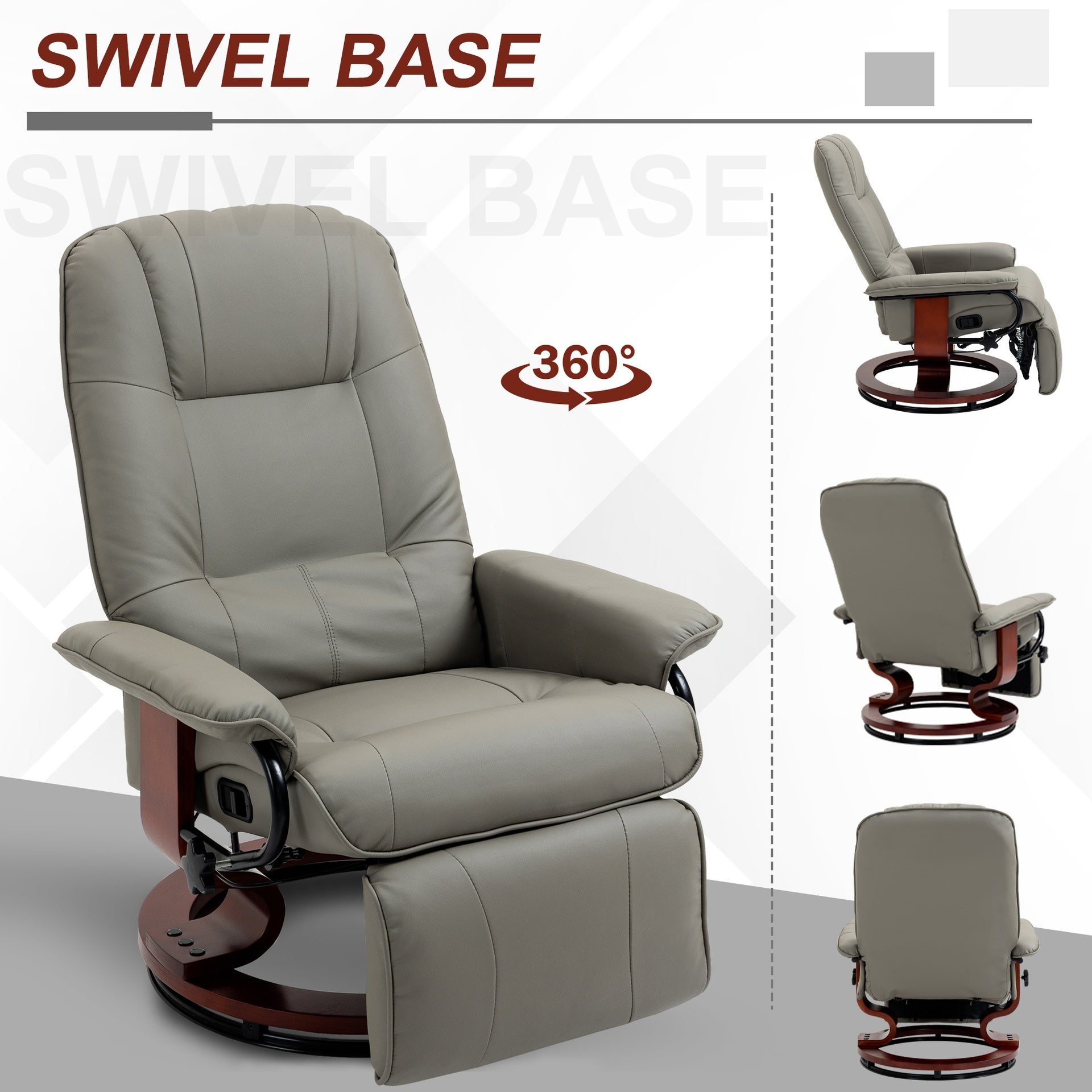 HOMCOM Faux Leather Manual Recliner, Adjustable Swivel Lounge Chair with Footrest, Armrest and Wrapped Wood Base for Living Room, Gray