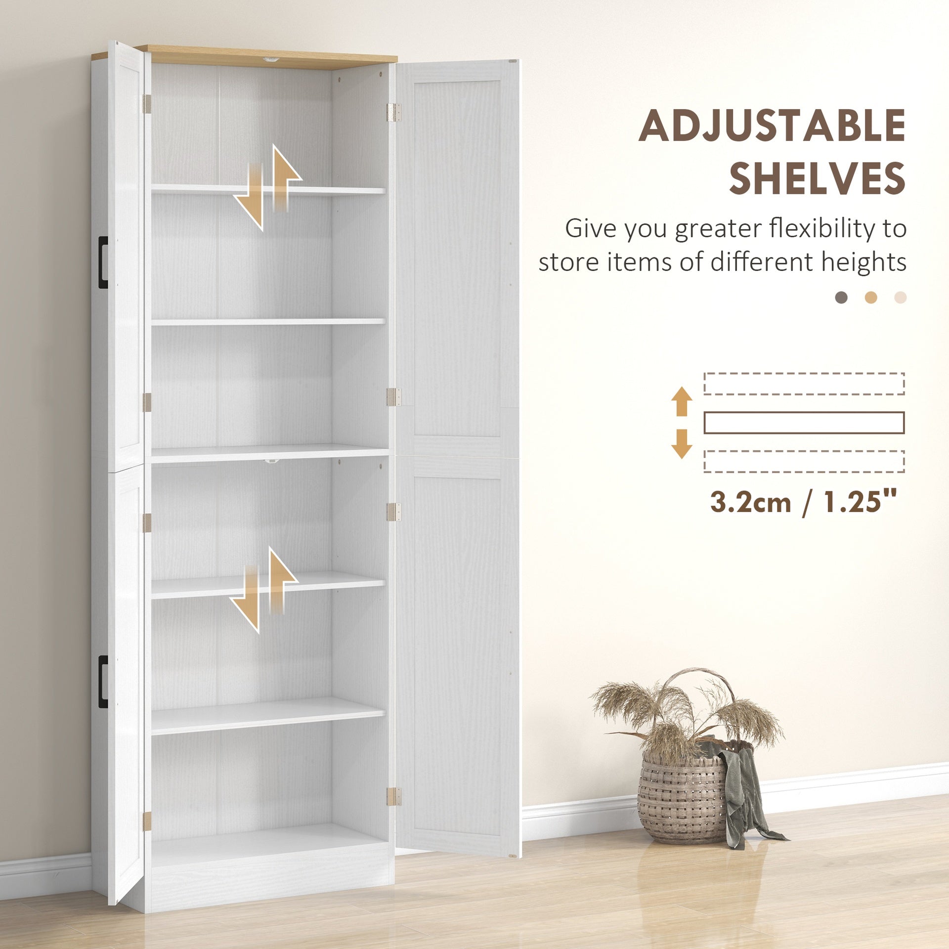HOMCOM Freestanding Kitchen Pantry, 4-Door Kitchen Pantry Cabinet with Adjustable Shelves and Doors, Distressed White