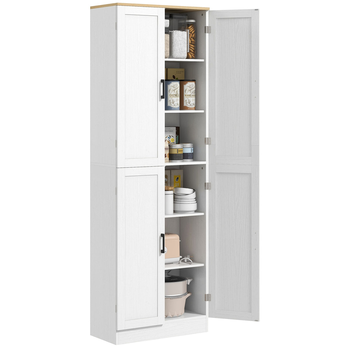 HOMCOM Freestanding Kitchen Pantry, 4-Door Kitchen Pantry Cabinet with Adjustable Shelves and Doors, Distressed White