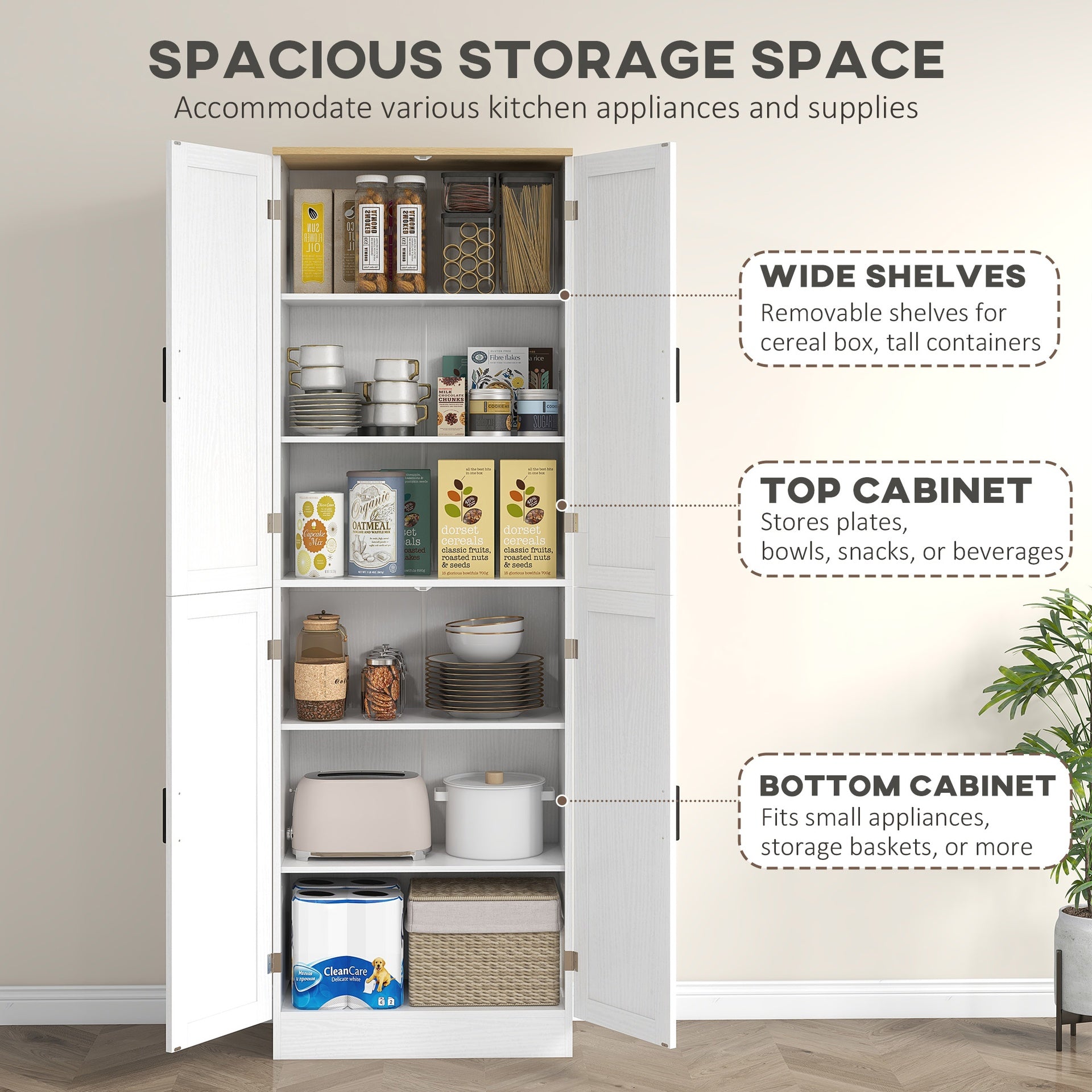 HOMCOM Freestanding Kitchen Pantry, 4-Door Kitchen Pantry Cabinet with Adjustable Shelves and Doors, Distressed White