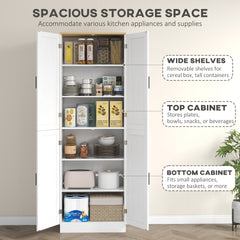 HOMCOM Freestanding Kitchen Pantry, 4-Door Kitchen Pantry Cabinet with Adjustable Shelves and Doors, Distressed White