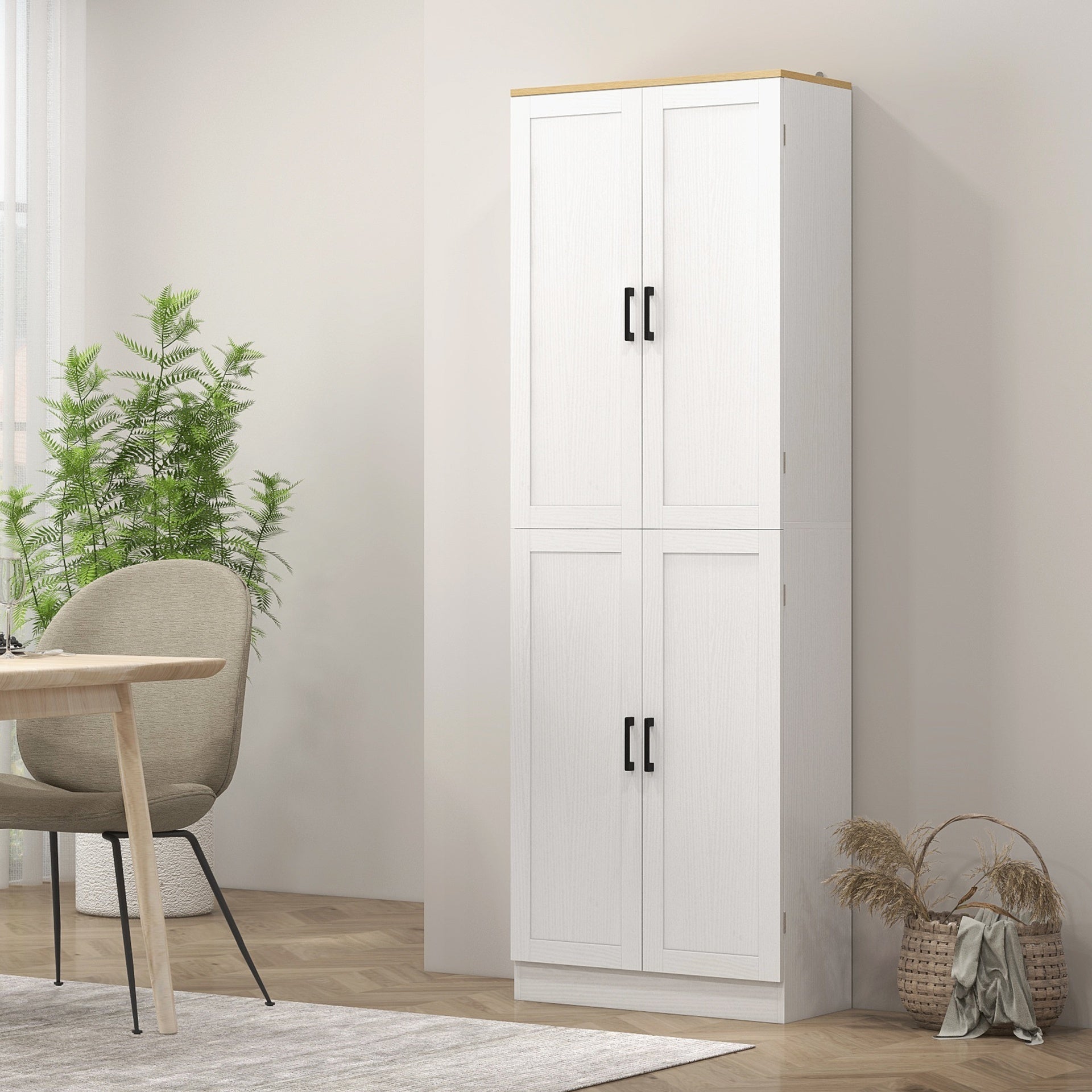 HOMCOM Freestanding Kitchen Pantry, 4-Door Kitchen Pantry Cabinet with Adjustable Shelves and Doors, Distressed White