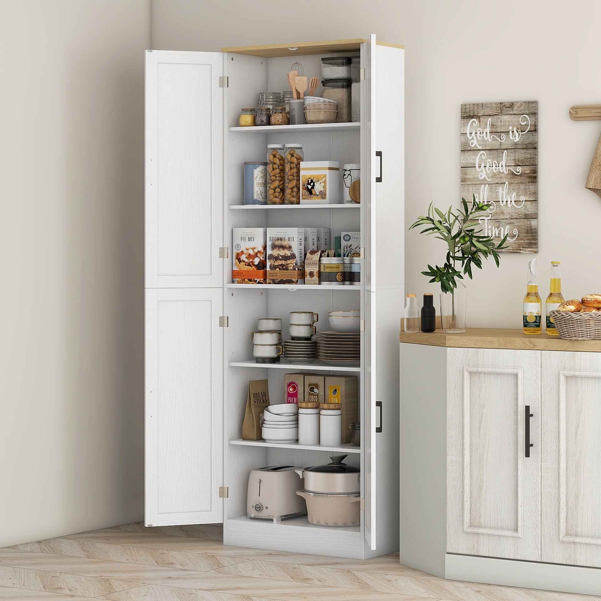 HOMCOM Freestanding Kitchen Pantry, 4-Door Kitchen Pantry Cabinet with Adjustable Shelves and Doors, Distressed White