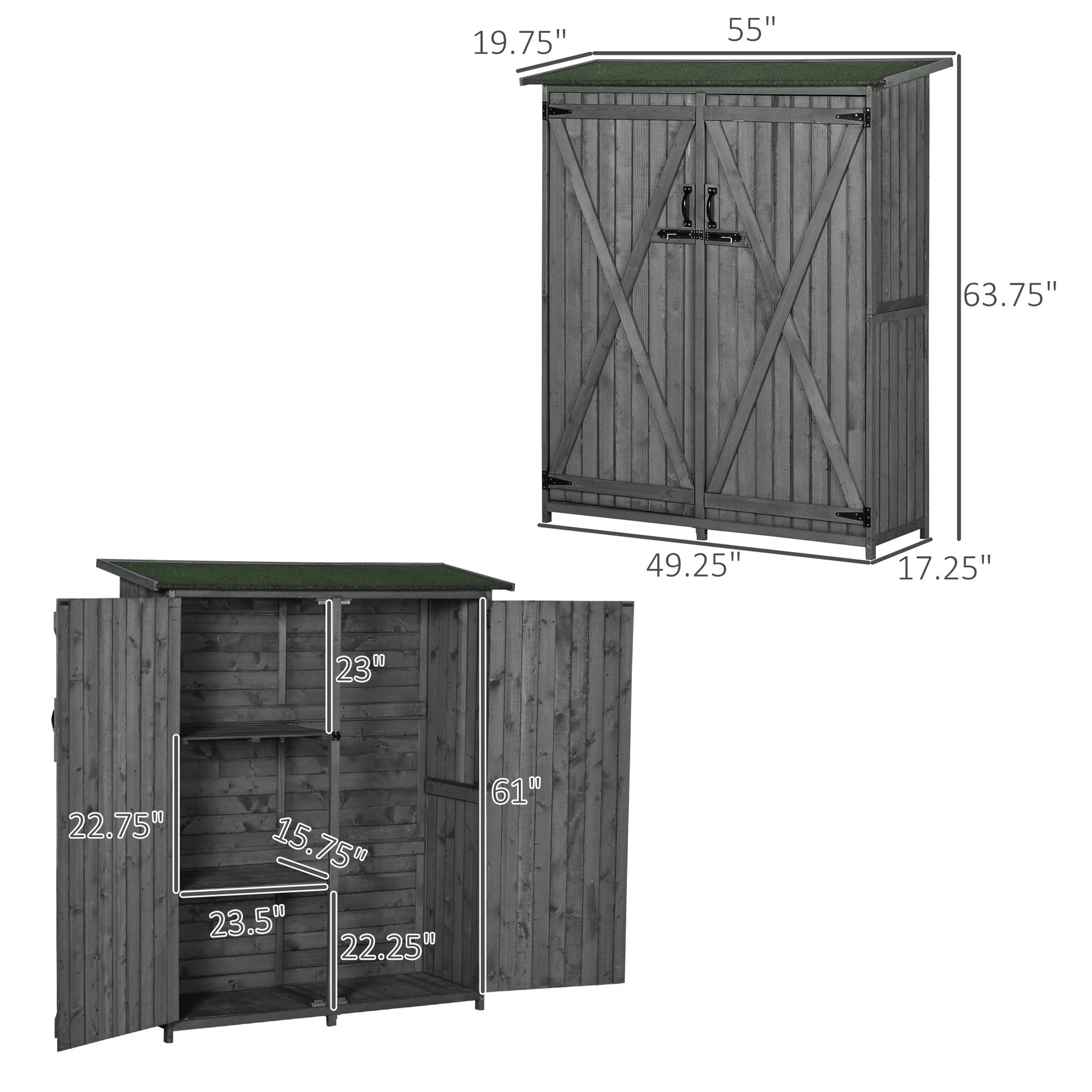 Outsunny Outdoor Storage Cabinet Wooden Garden Shed Utility Tool Organizer with Waterproof Asphalt Rood, Lockable Doors, 3 Tier Shelves for Lawn, Backyard, Gray