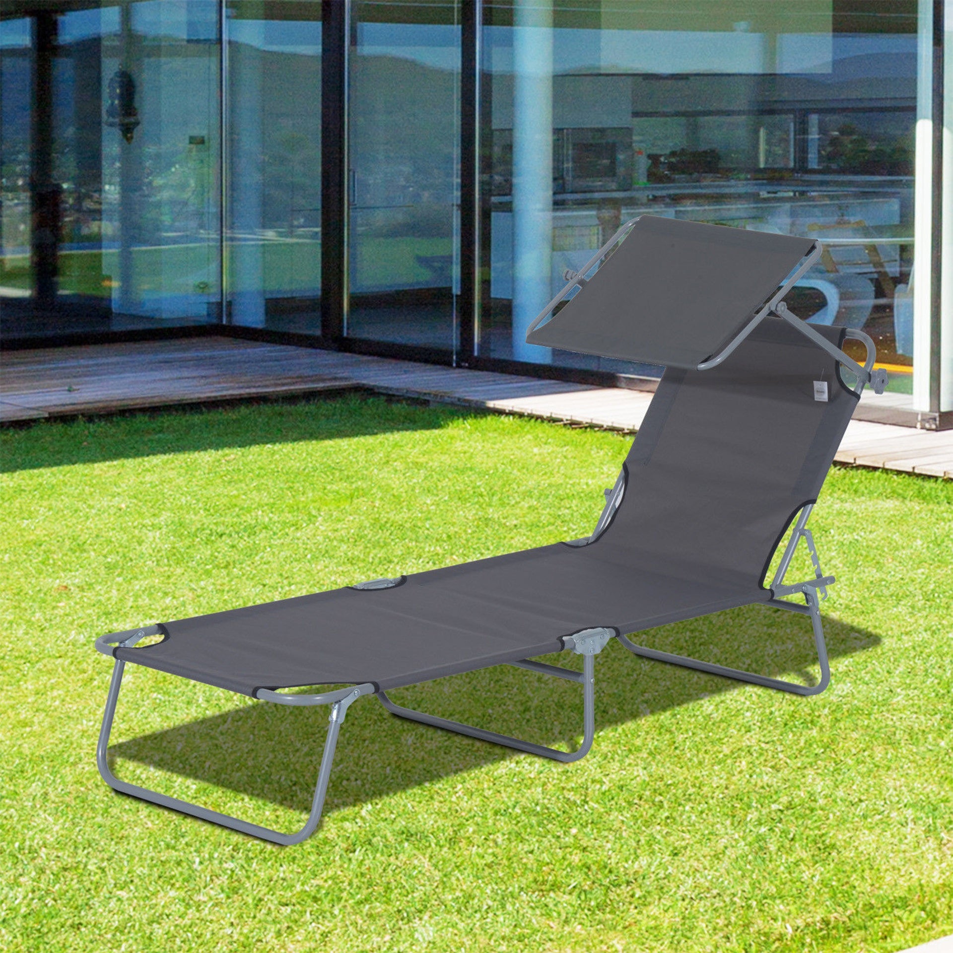 Outsunny Outdoor Pool Chaise Lounge Chair, Folding Tanning Chair with Sun Shade, Gray