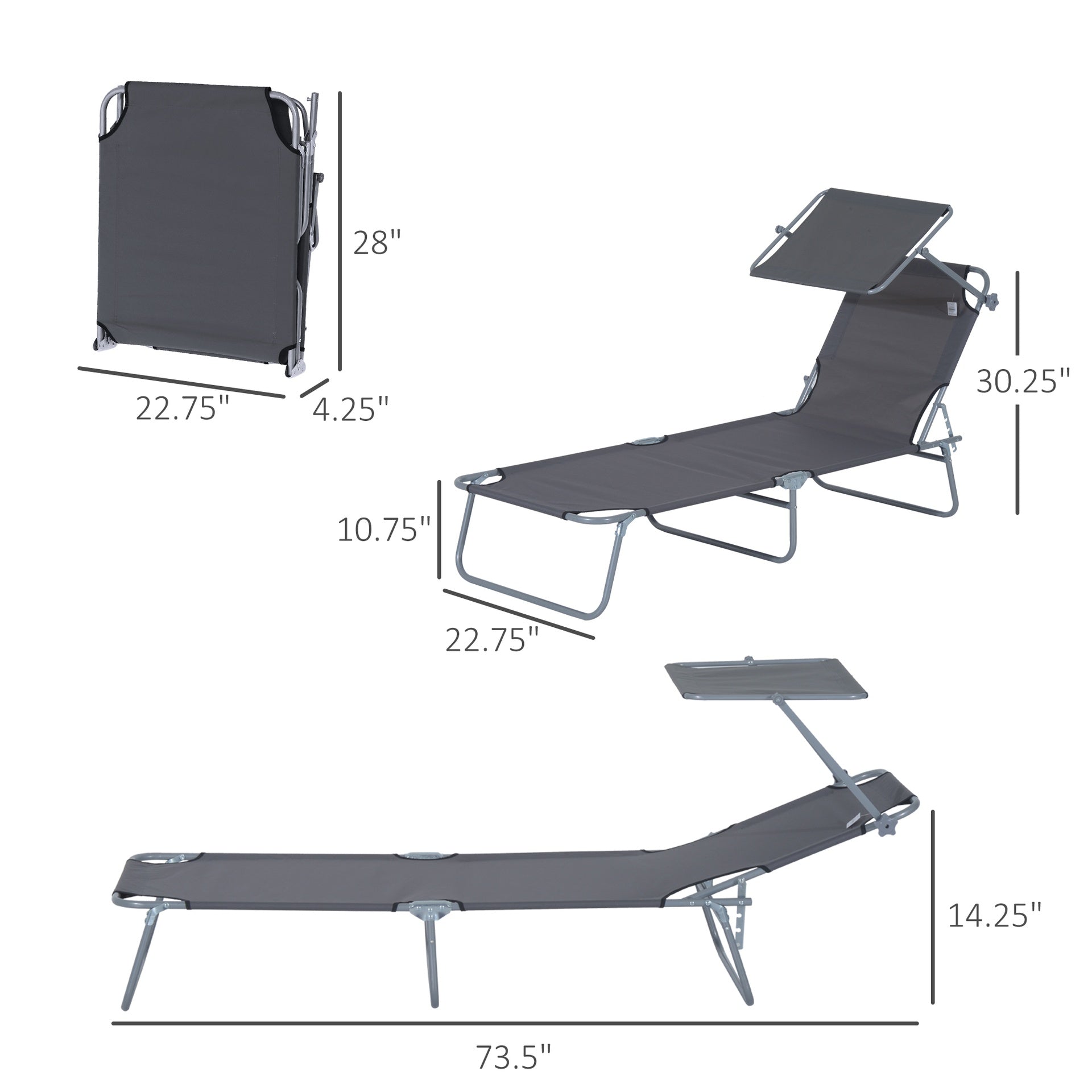 Outsunny Outdoor Pool Chaise Lounge Chair, Folding Tanning Chair with Sun Shade, Gray