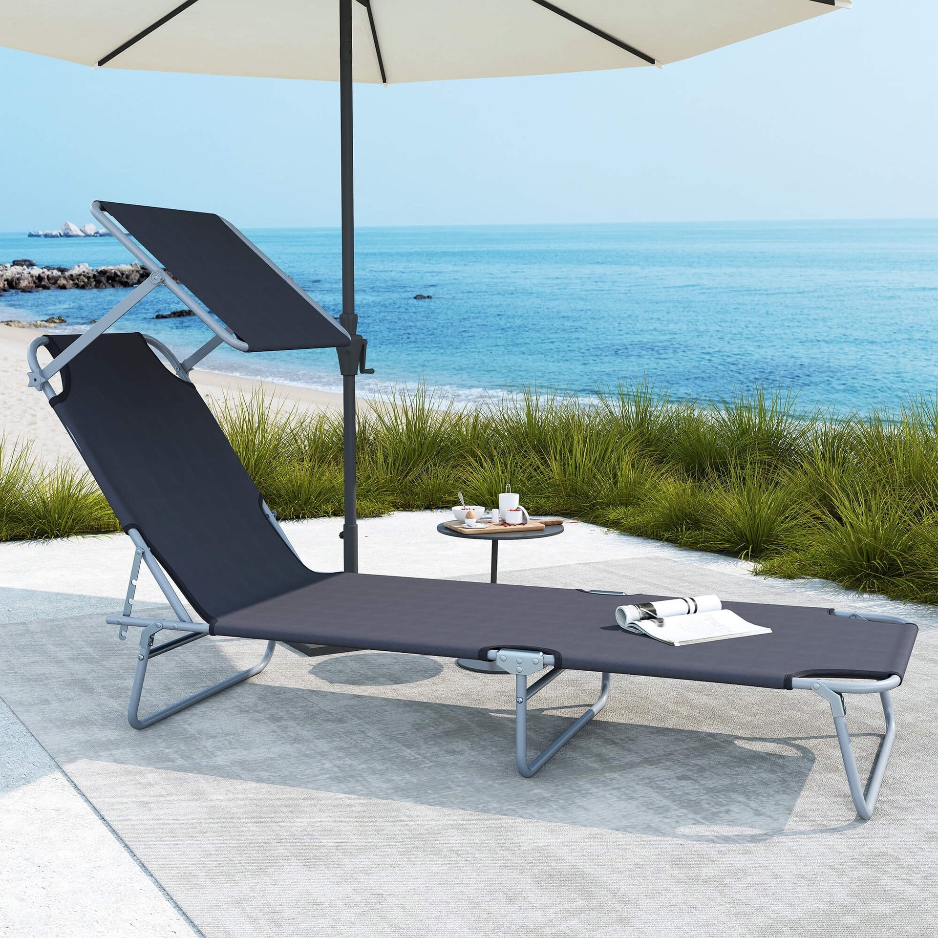 Outsunny Outdoor Pool Chaise Lounge Chair, Folding Tanning Chair with Sun Shade, Gray