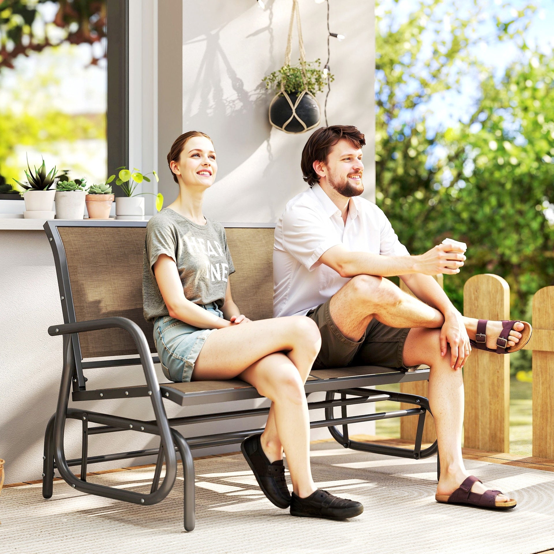 Outsunny 2-Person Outdoor Glider Bench, Patio Double Swing Rocking Chair Loveseat with 
 Steel Frame, Light Mixed Brown
