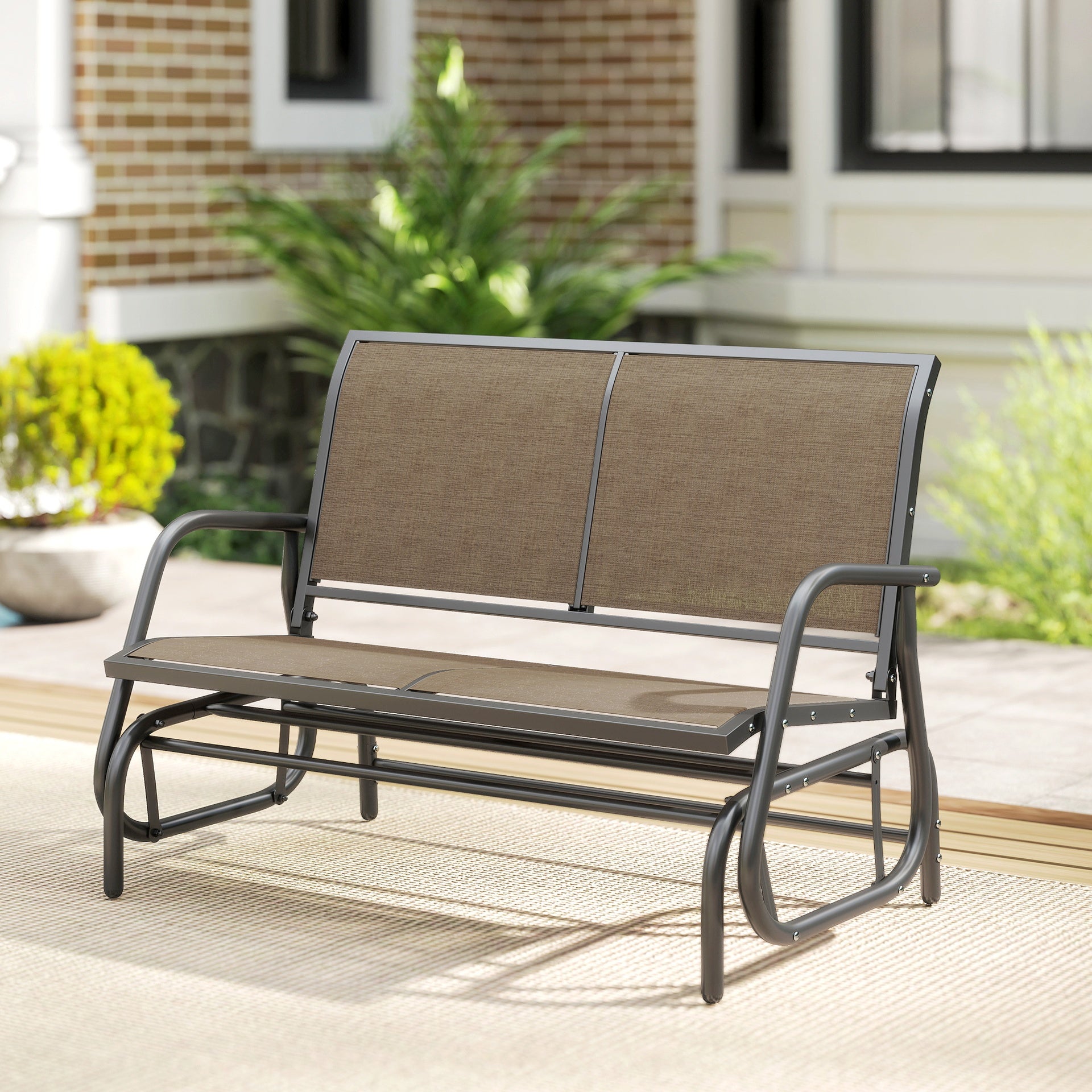 Outsunny 2-Person Outdoor Glider Bench, Patio Double Swing Rocking Chair Loveseat with 
 Steel Frame, Light Mixed Brown