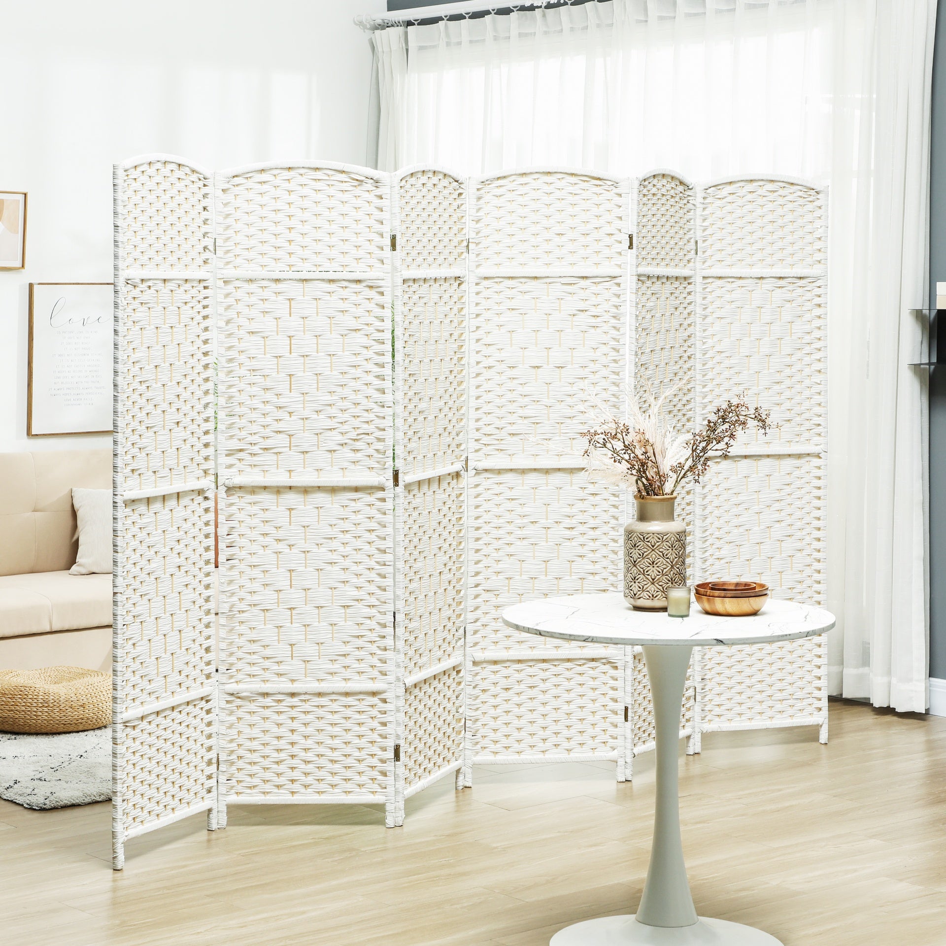 HOMCOM Folding Room Divider Screen 6 Panel 6' Tall Privacy Screen Freestanding Wood Partition for Home Office, White