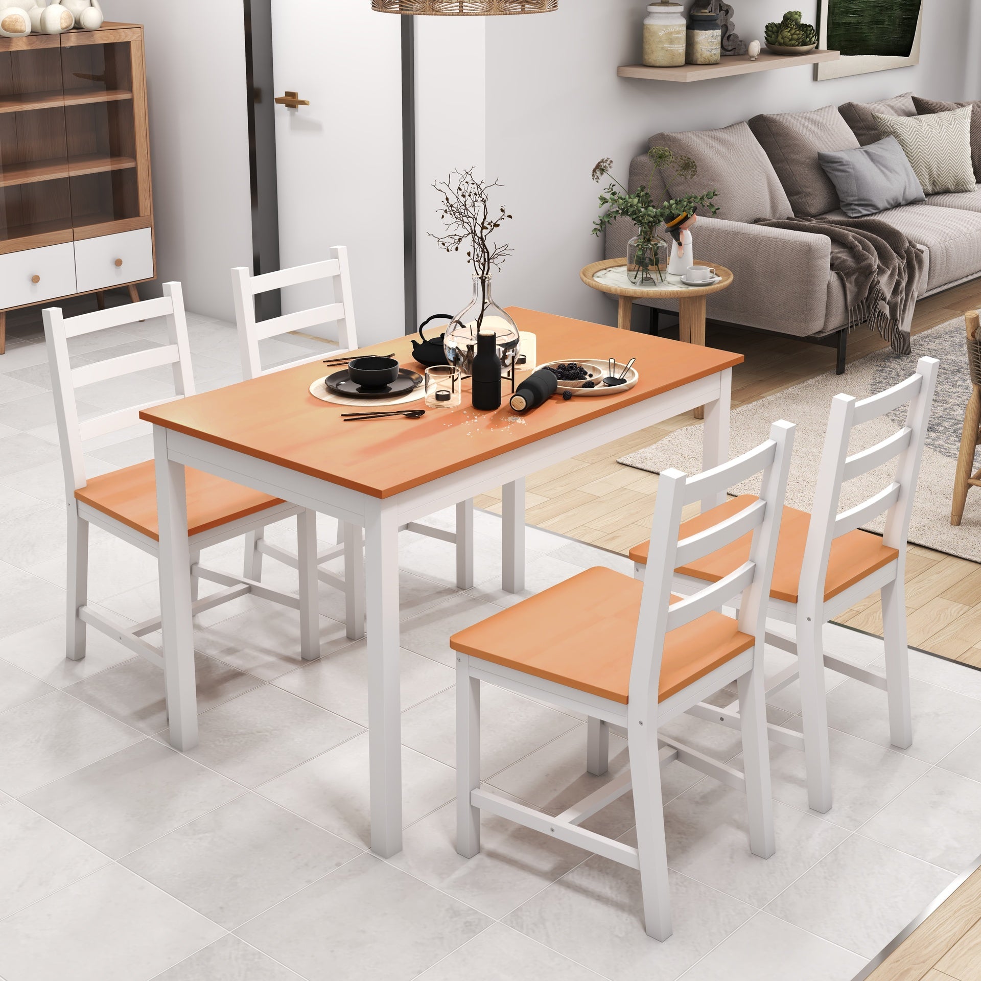 HOMCOM Dining Table Set for 4, 5 Piece Modern Kitchen Table and Chairs, Solid Wood Dining Room Set for Small Spaces, Breakfast Nook, White