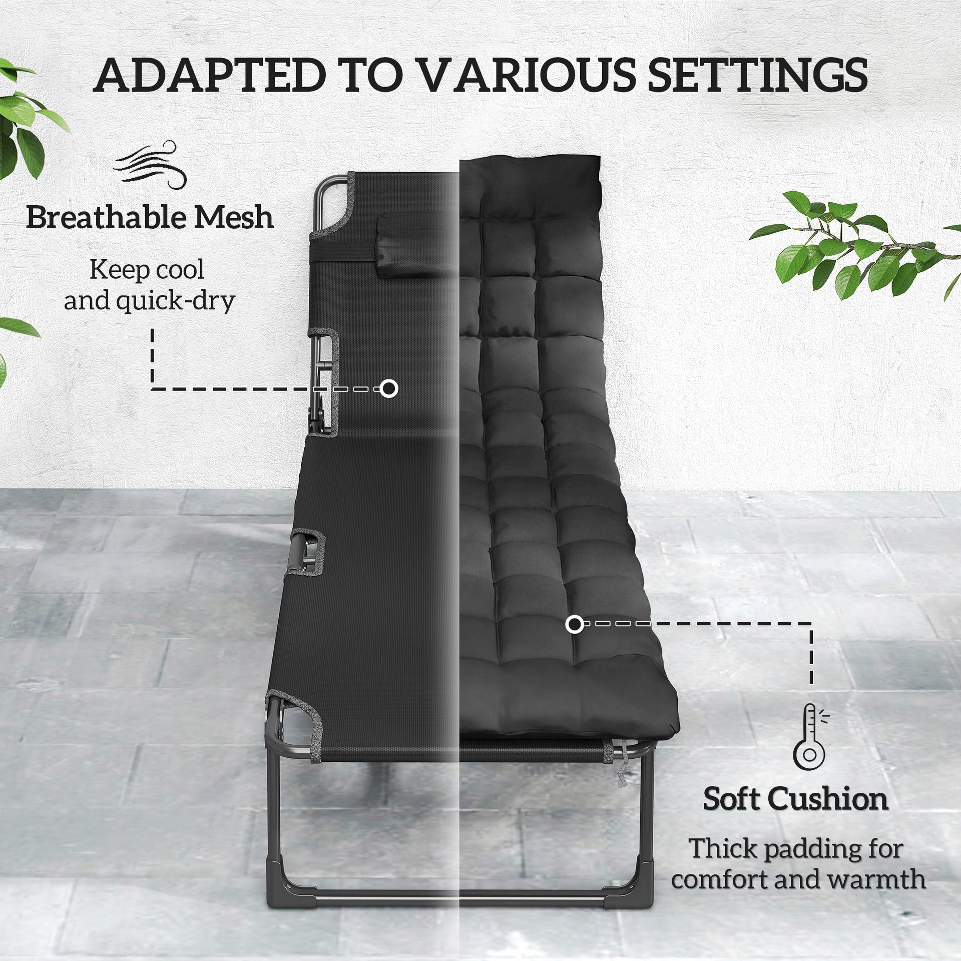 Outsunny Folding Chaise Lounge Chair Outdoor Tanning Chair with 5-Position Backrest, Cushion, Side Pocket, Black
