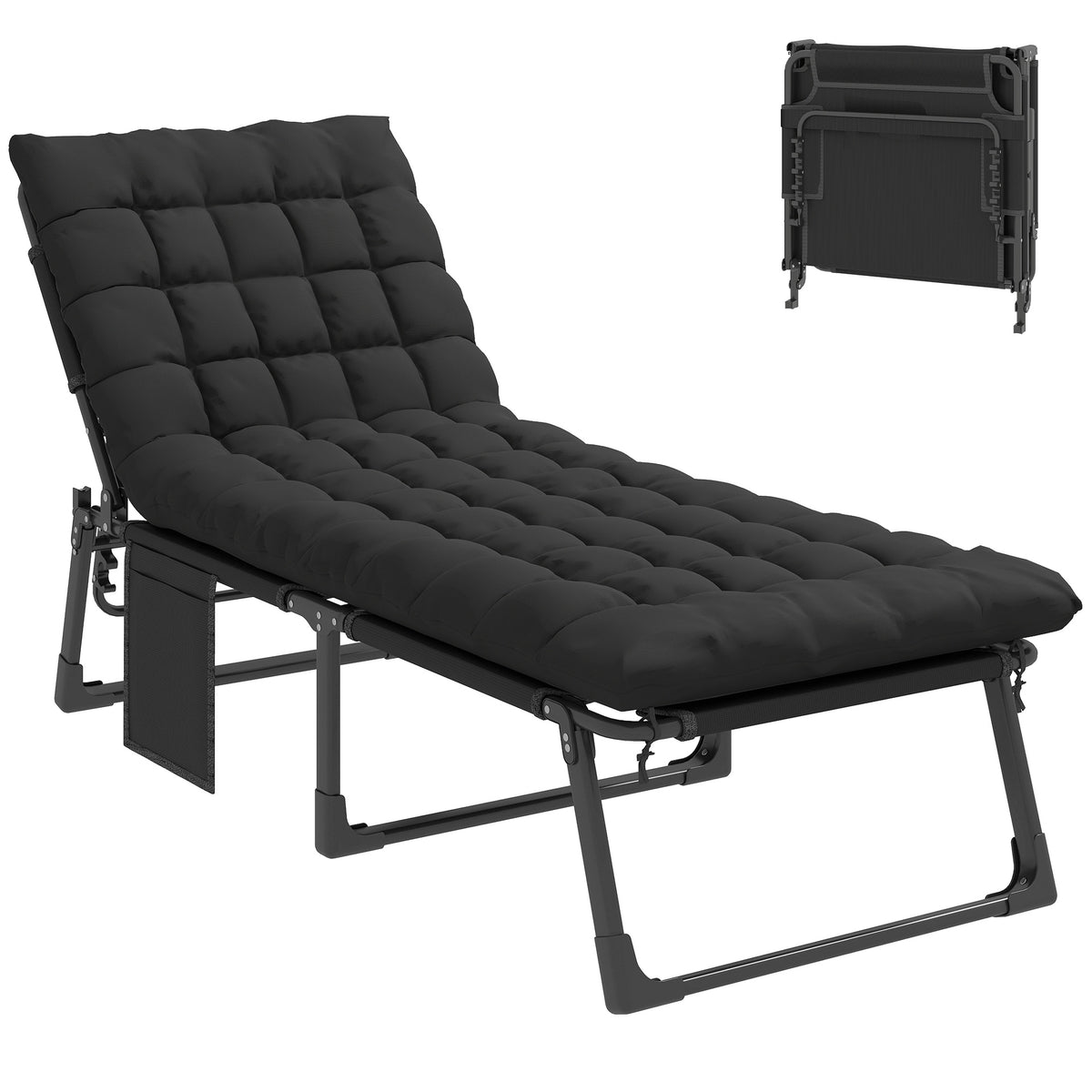 Outsunny Folding Chaise Lounge Chair Outdoor Tanning Chair with 5-Position Backrest, Cushion, Side Pocket, Black