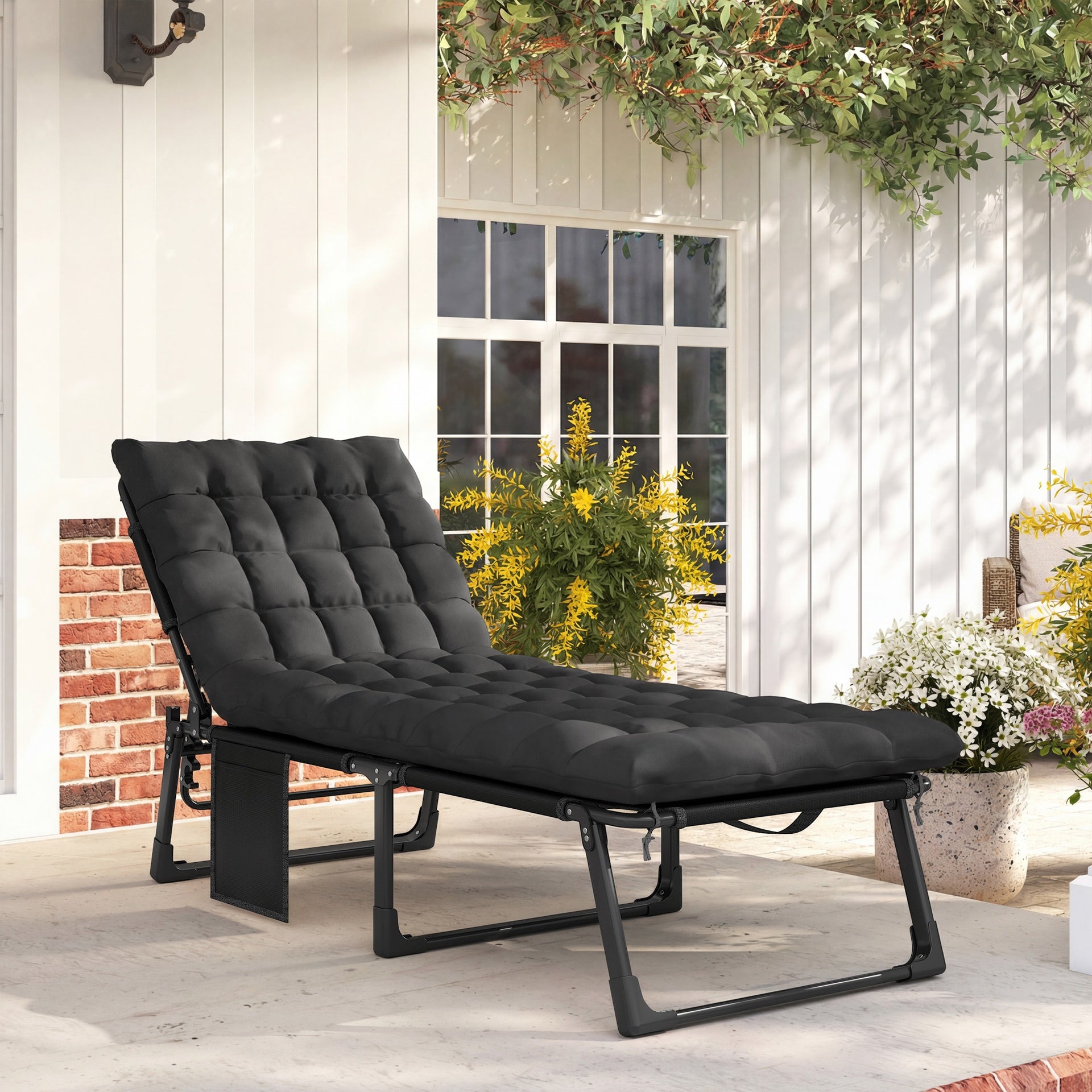 Outsunny Folding Chaise Lounge Chair Outdoor Tanning Chair with 5-Position Backrest, Cushion, Side Pocket, Black