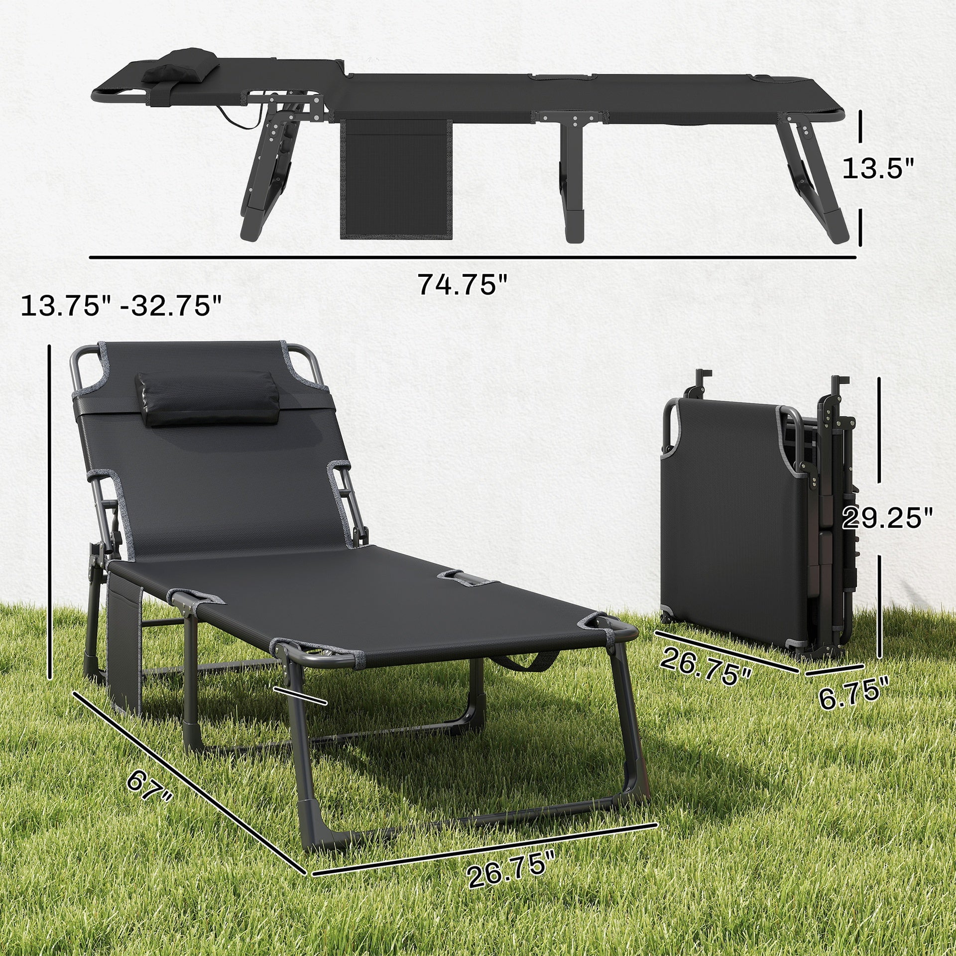 Outsunny Folding Chaise Lounge Chair Outdoor Tanning Chair with 5-Position Backrest, Cushion, Side Pocket, Black