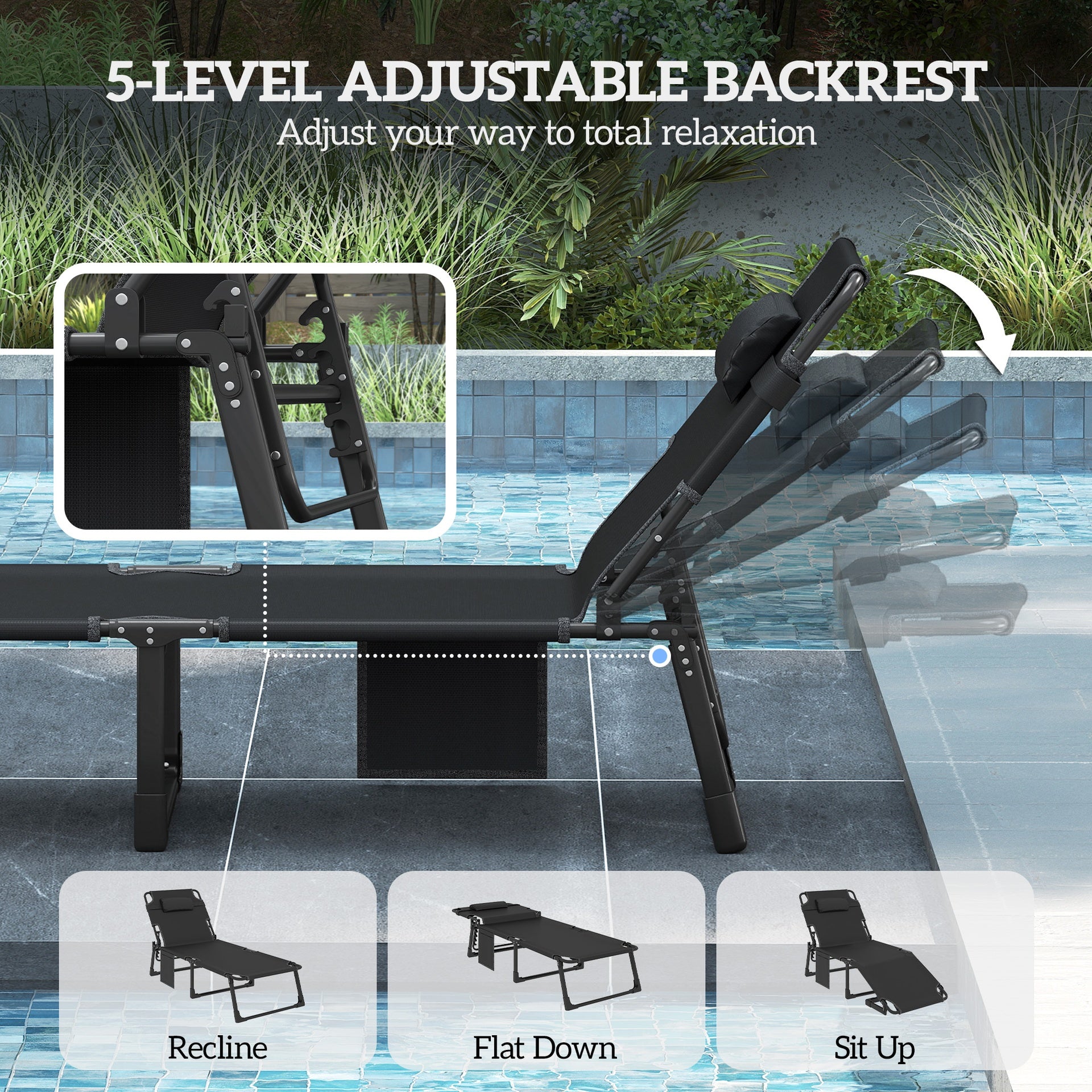 Outsunny Folding Chaise Lounge Chair Outdoor Tanning Chair with 5-Position Backrest, Cushion, Side Pocket, Black