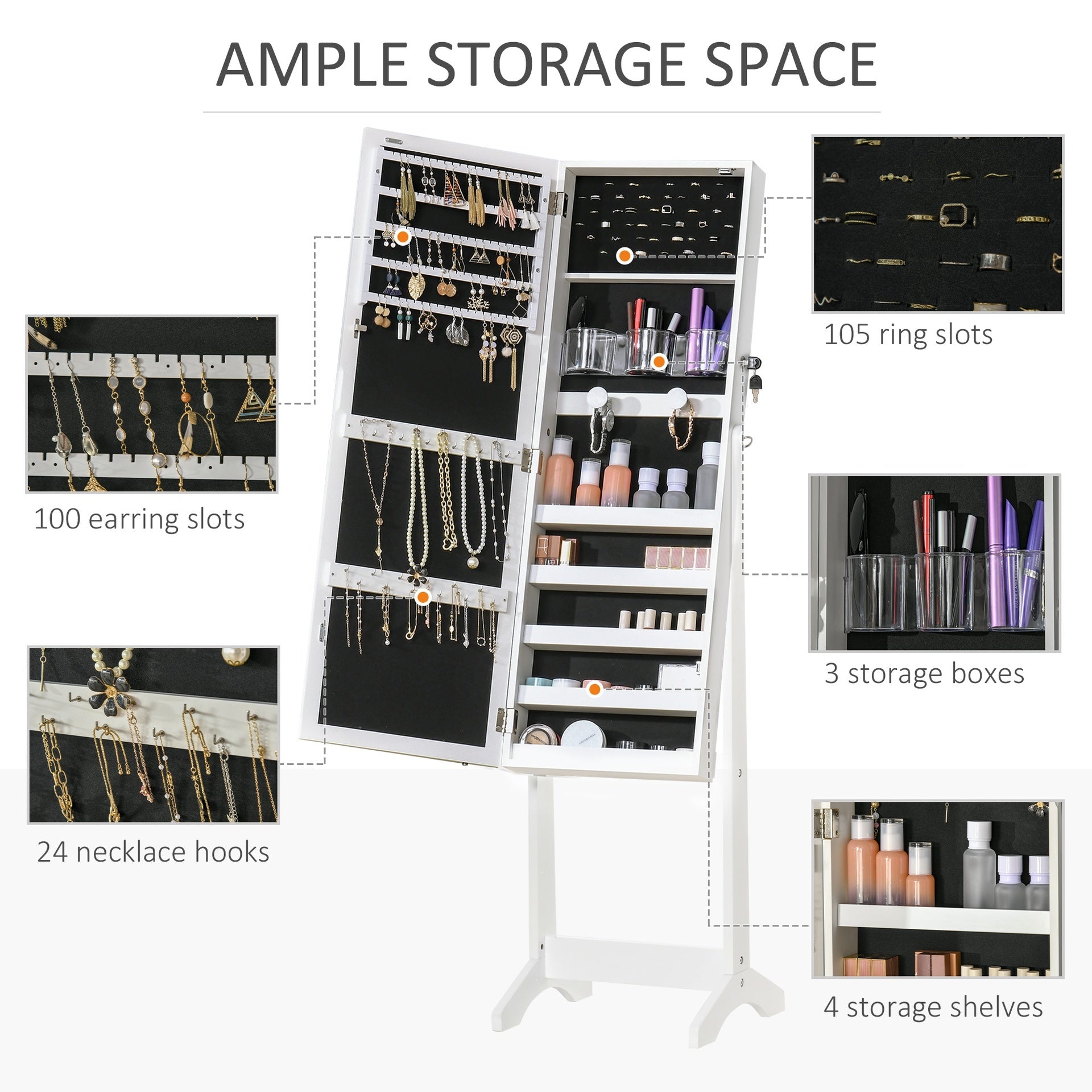 HOMCOM 60" Full-Length Mirror Jewelry Storage Armoire w/ Lockable Door & Key, White