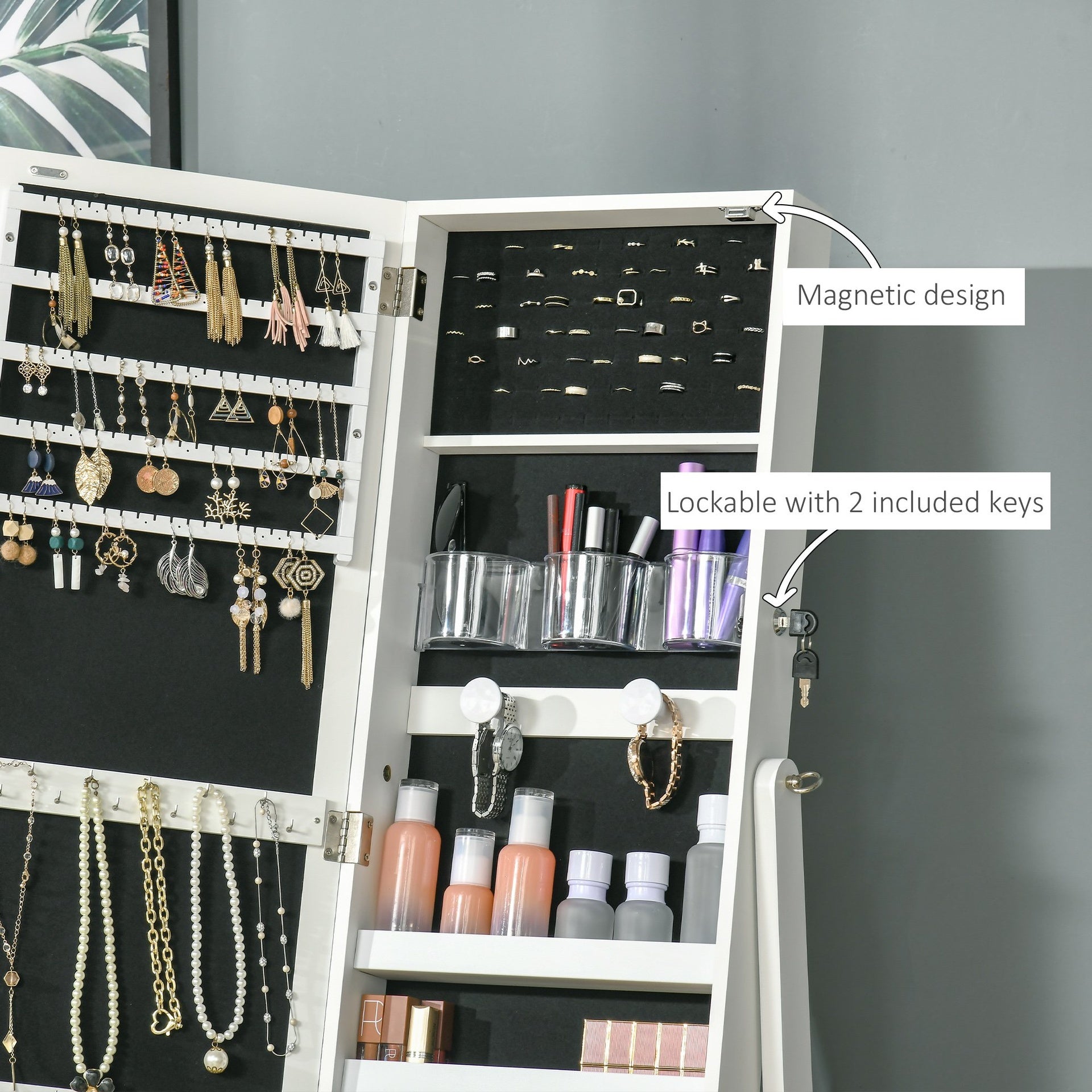 HOMCOM 60" Full-Length Mirror Jewelry Storage Armoire w/ Lockable Door & Key, White