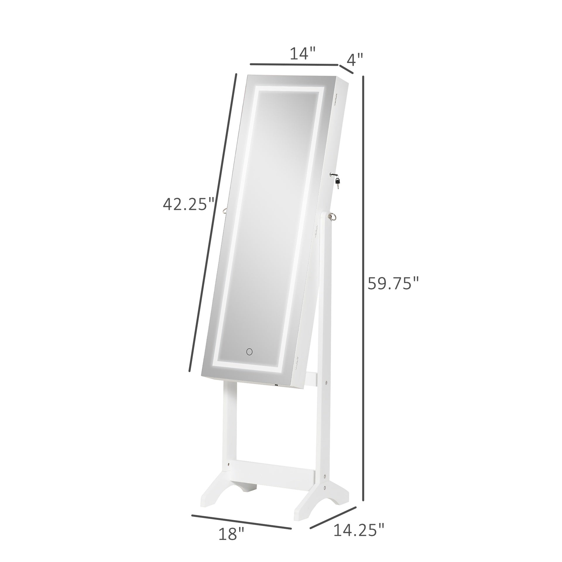 HOMCOM 60" Full-Length Mirror Jewelry Storage Armoire w/ Lockable Door & Key, White