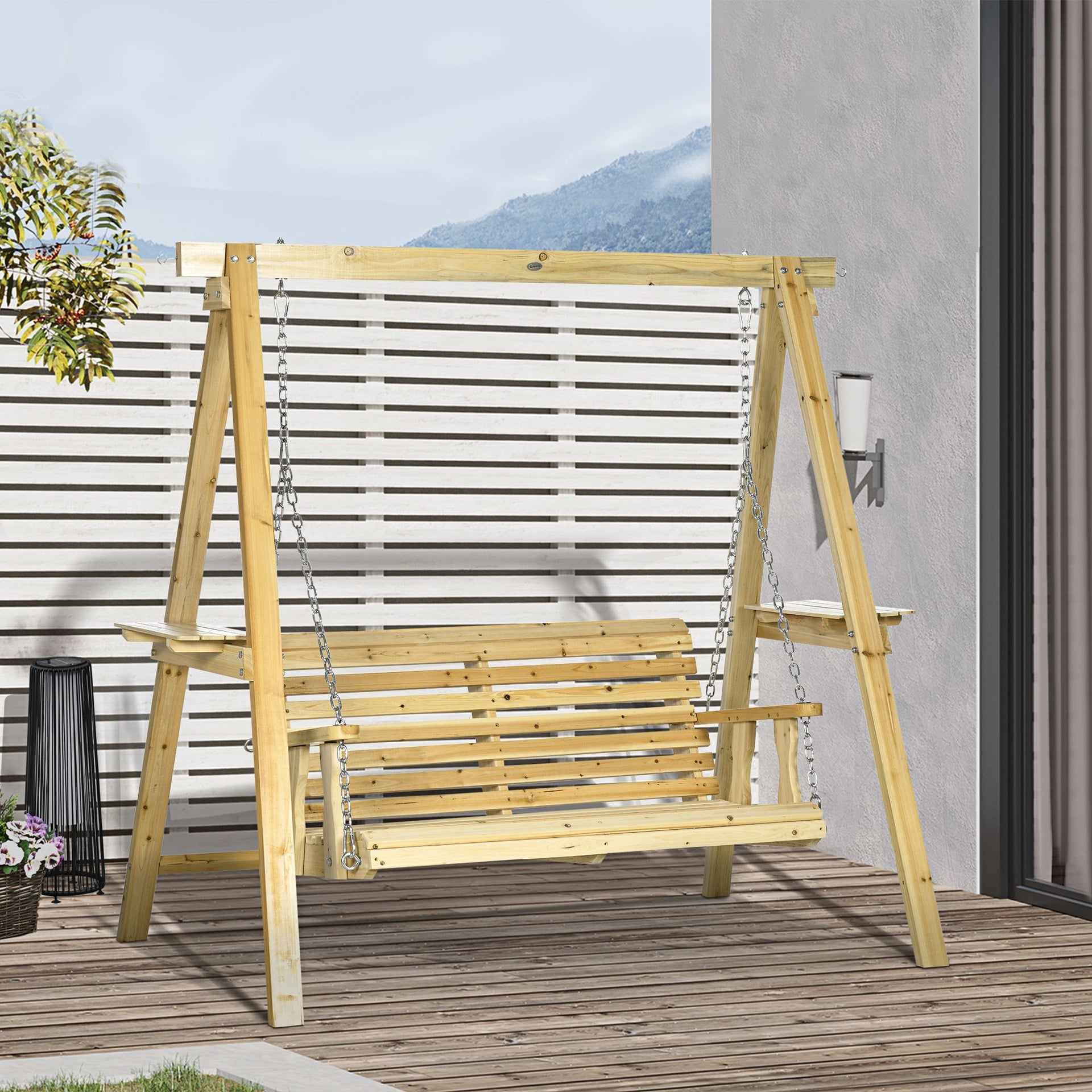 Outsunny 2-Seat orch Swing with Stand, Wooden Patio Swing Chair with Side Tables and Metal Chains, Outdoor Hanging Bench for Garden, Poolside, Backyard, Natural Wood