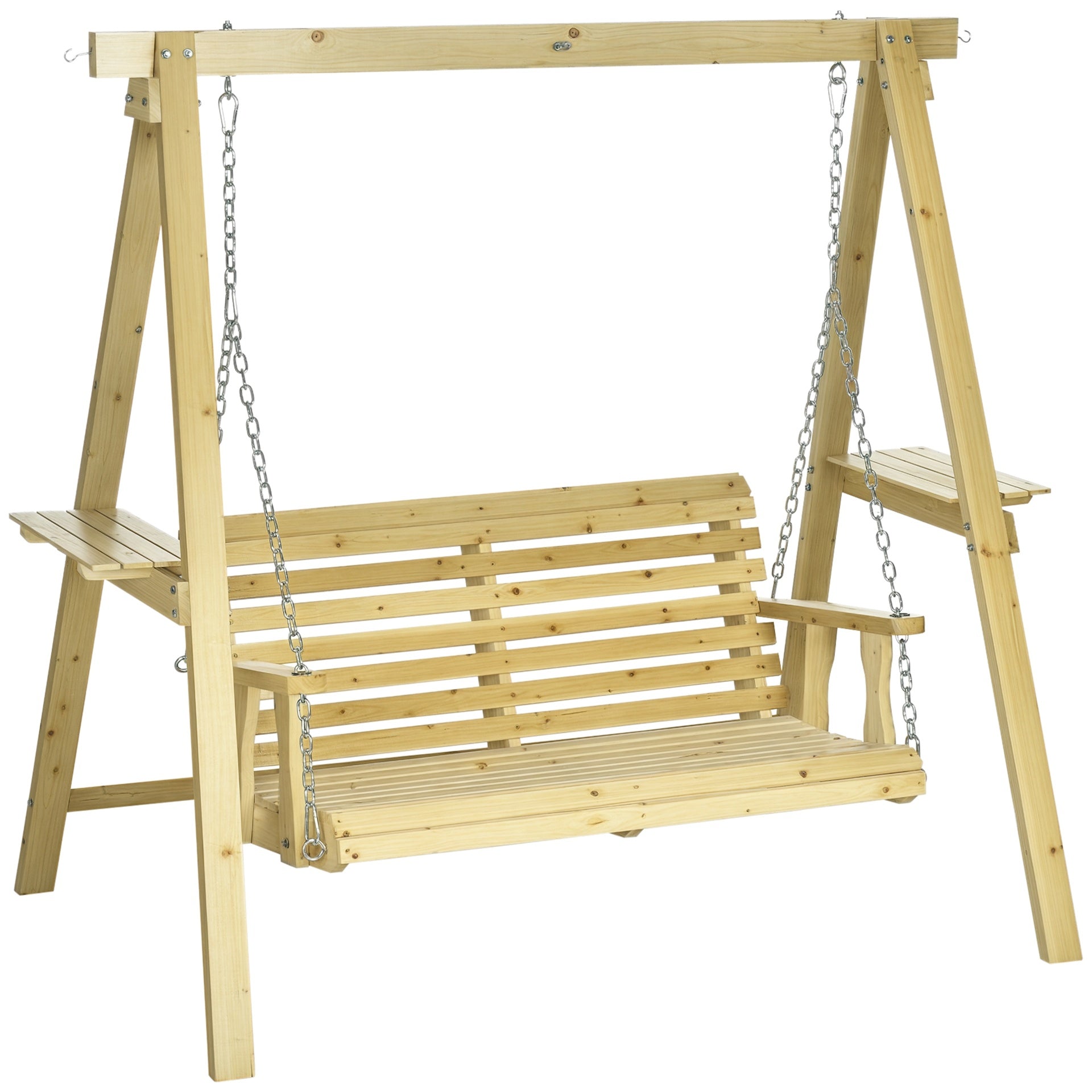 Outsunny 2-Seat orch Swing with Stand, Wooden Patio Swing Chair with Side Tables and Metal Chains, Outdoor Hanging Bench for Garden, Poolside, Backyard, Natural Wood