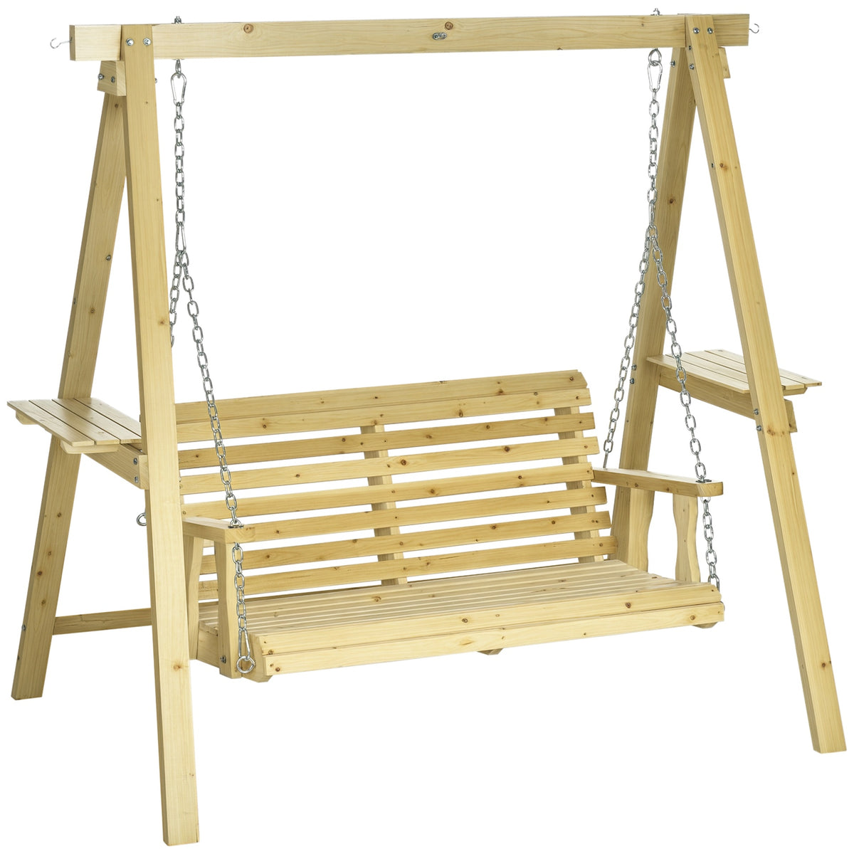 Outsunny 2-Seat orch Swing with Stand, Wooden Patio Swing Chair with Side Tables and Metal Chains, Outdoor Hanging Bench for Garden, Poolside, Backyard, Natural Wood