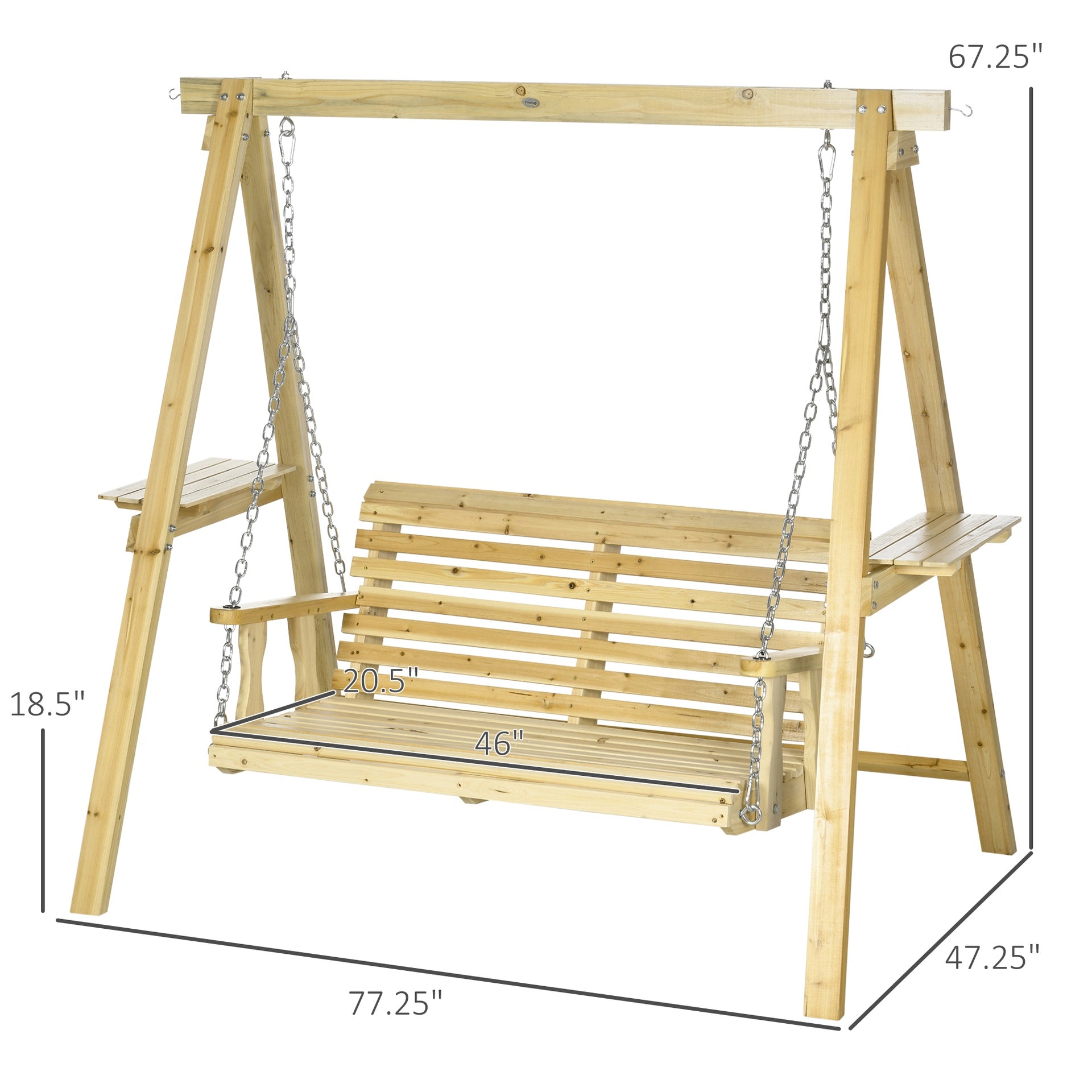 Outsunny 2-Seat orch Swing with Stand, Wooden Patio Swing Chair with Side Tables and Metal Chains, Outdoor Hanging Bench for Garden, Poolside, Backyard, Natural Wood
