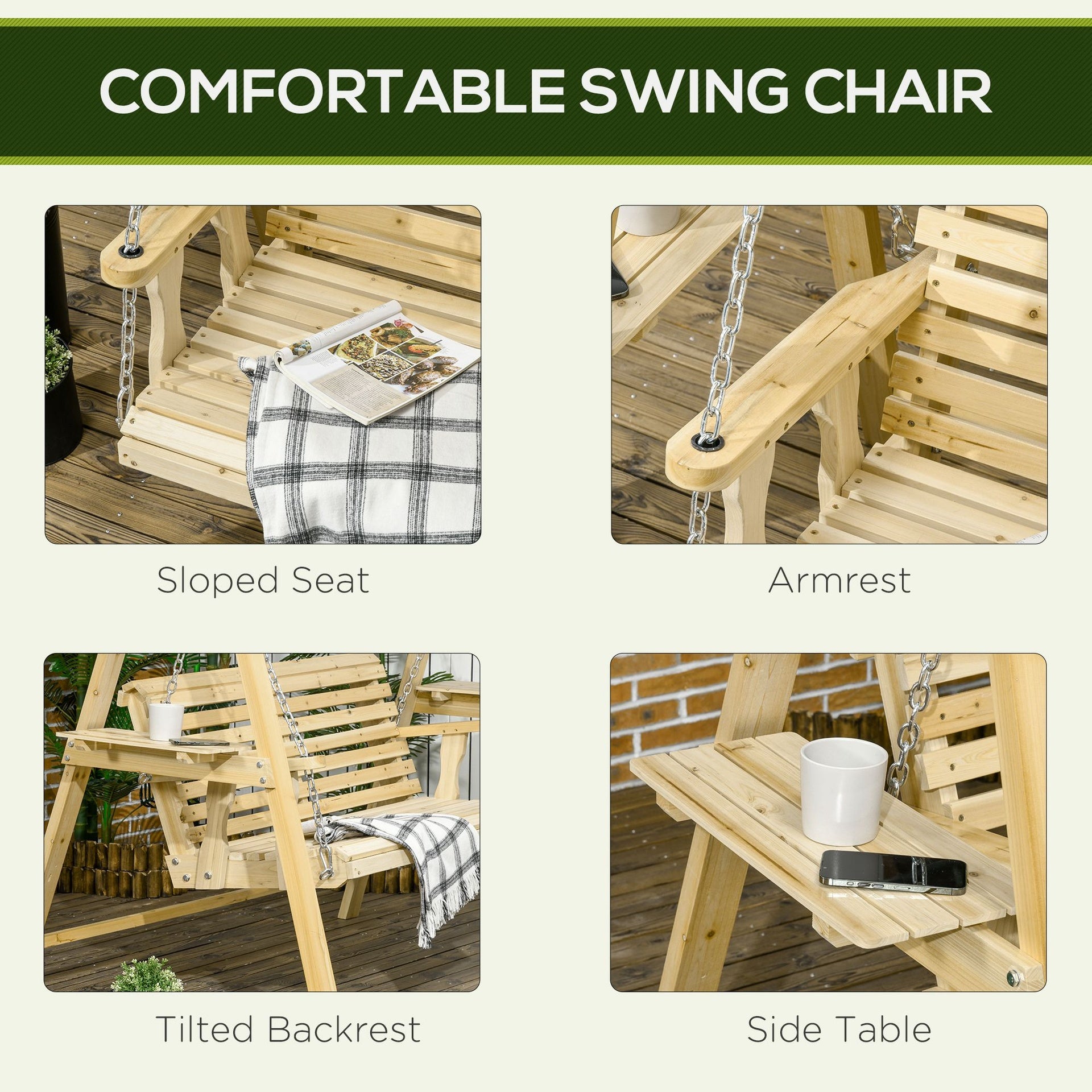 Outsunny 2-Seat orch Swing with Stand, Wooden Patio Swing Chair with Side Tables and Metal Chains, Outdoor Hanging Bench for Garden, Poolside, Backyard, Natural Wood