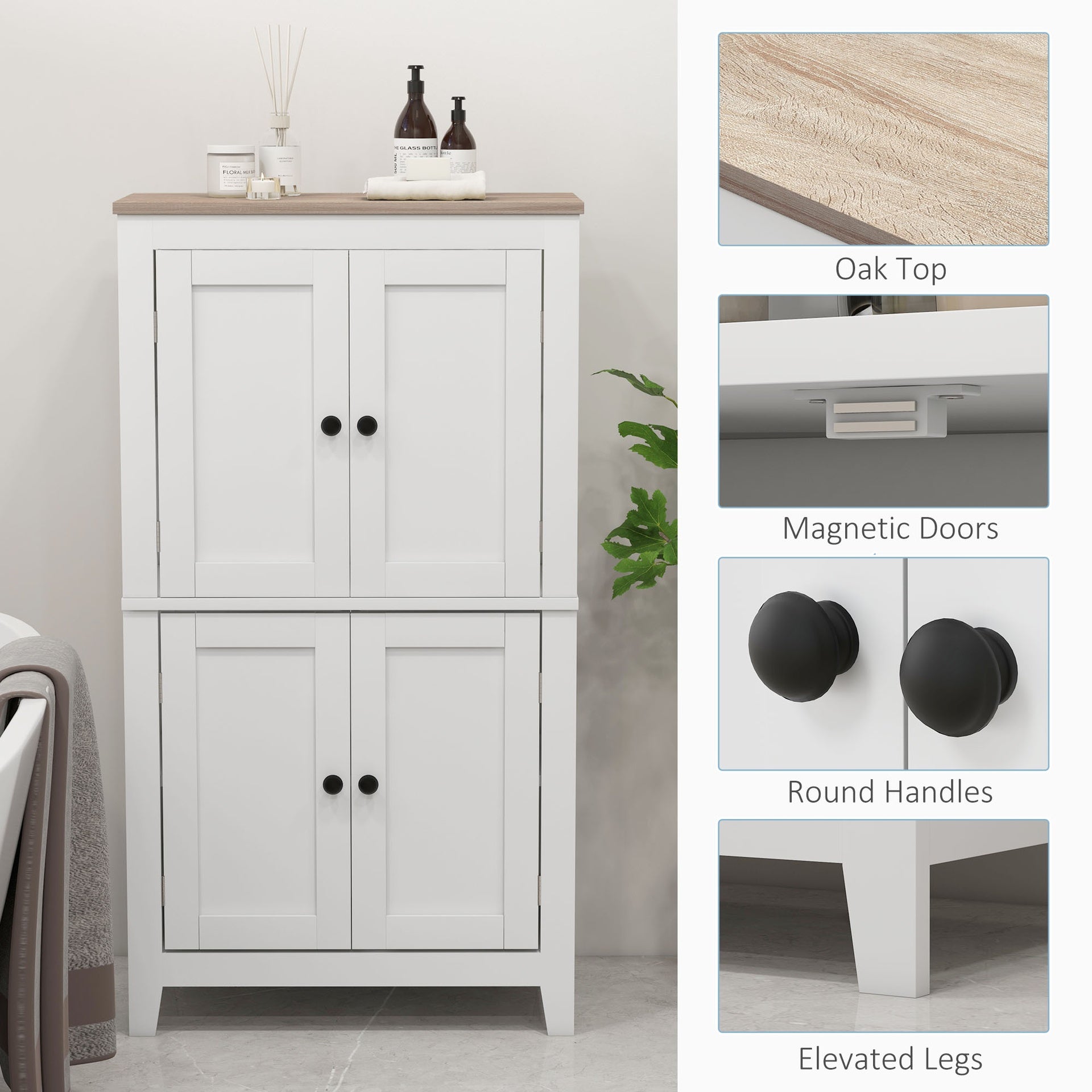 HOMCOM Bathroom Storage Cabinet, Modern Bathroom Floor Cabinet with 4 Doors and 2 Adjustable Shelves, White