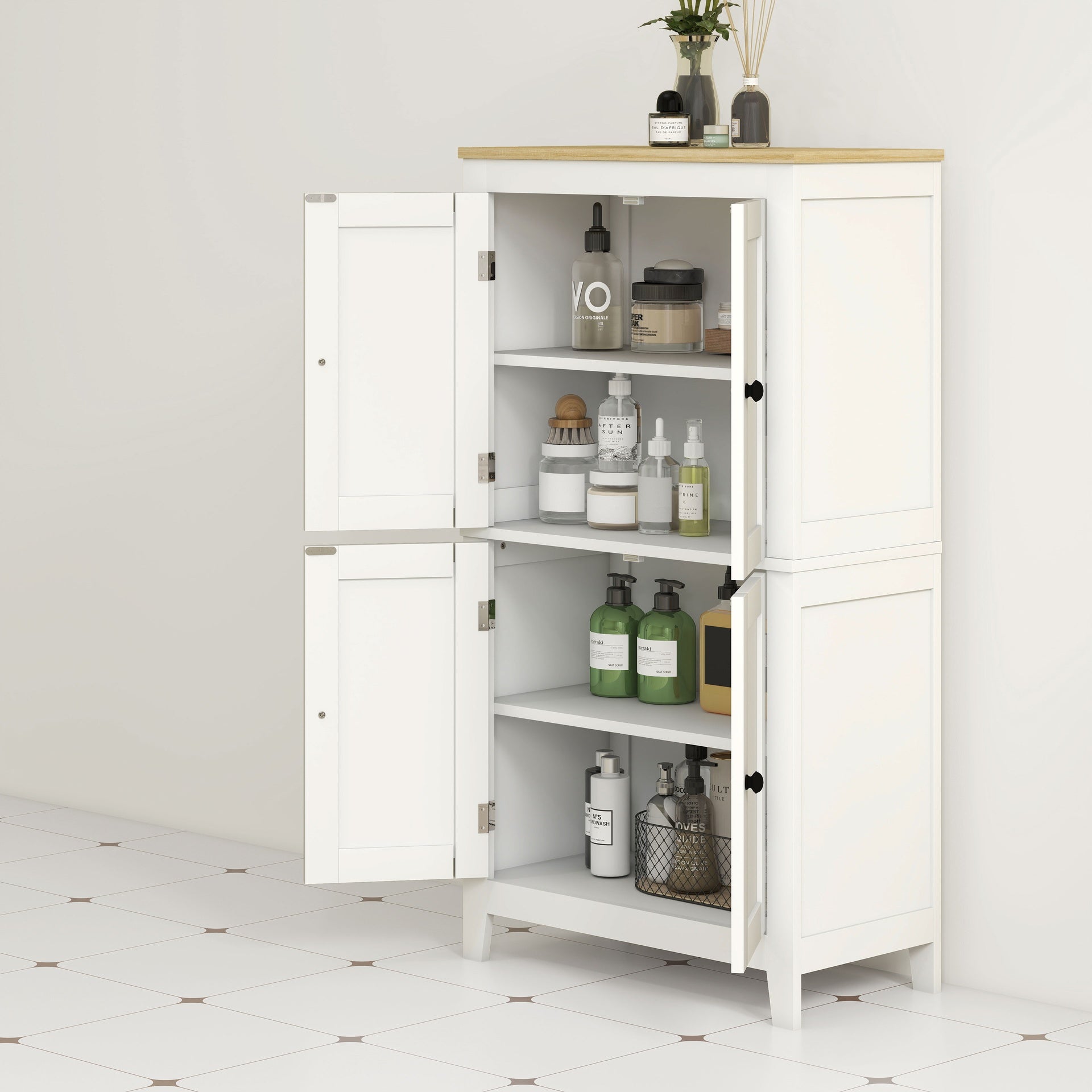 HOMCOM Bathroom Storage Cabinet, Modern Bathroom Floor Cabinet with 4 Doors and 2 Adjustable Shelves, White