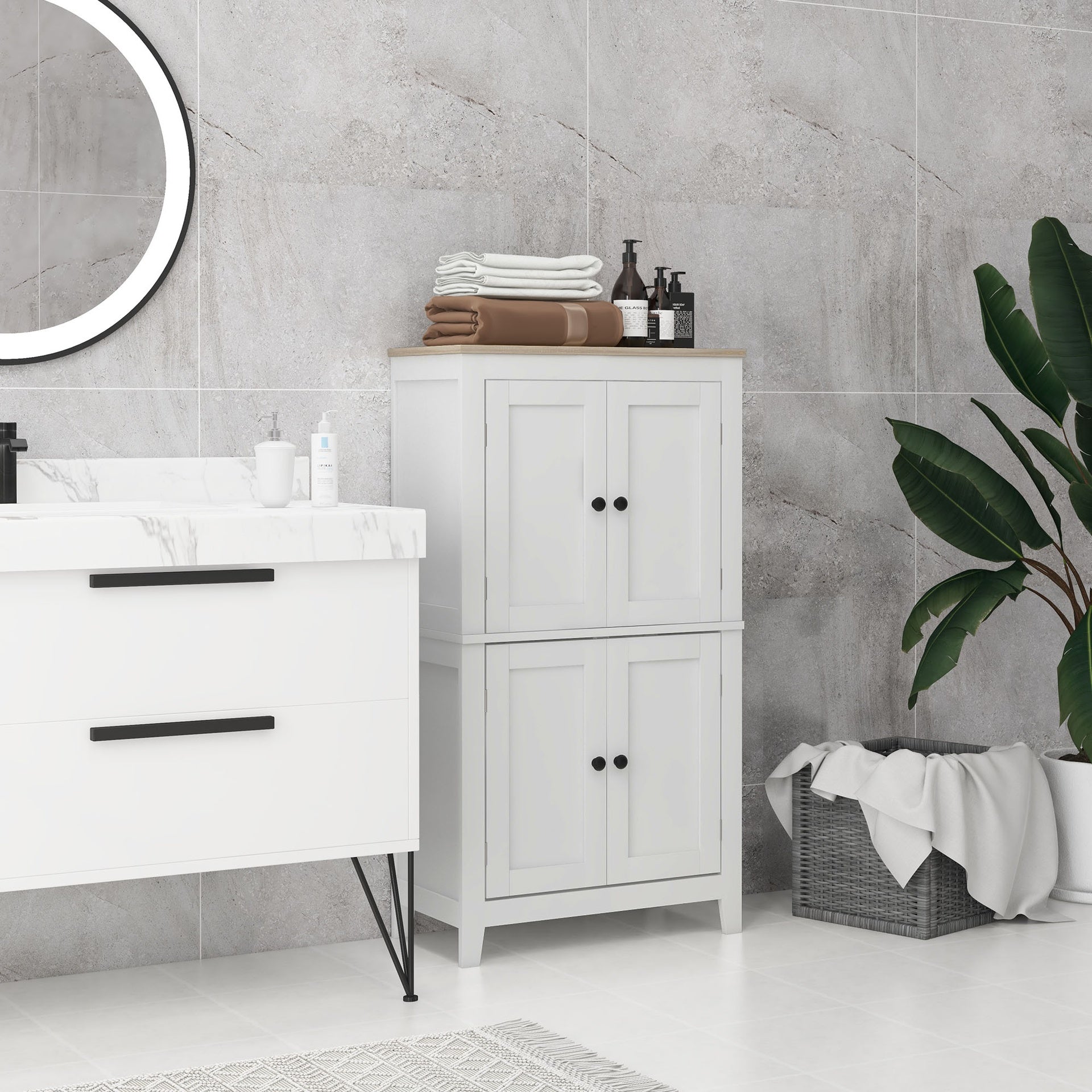 HOMCOM Bathroom Storage Cabinet, Modern Bathroom Floor Cabinet with 4 Doors and 2 Adjustable Shelves, White
