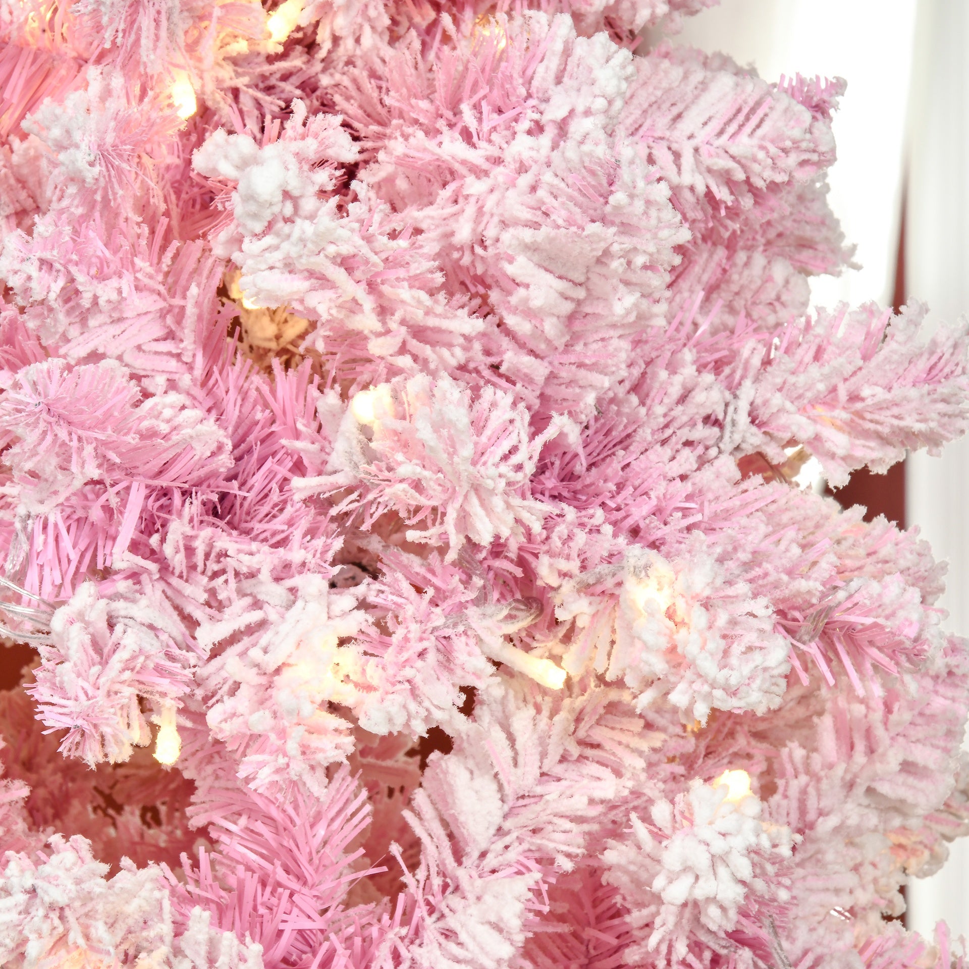 HOMCOM 7.5ft Prelit Snow Flocked Artificial Christmas Tree with Pencil Shape, Pine Realistic Branches, Warm White LED lights, Auto Open, Pink and White