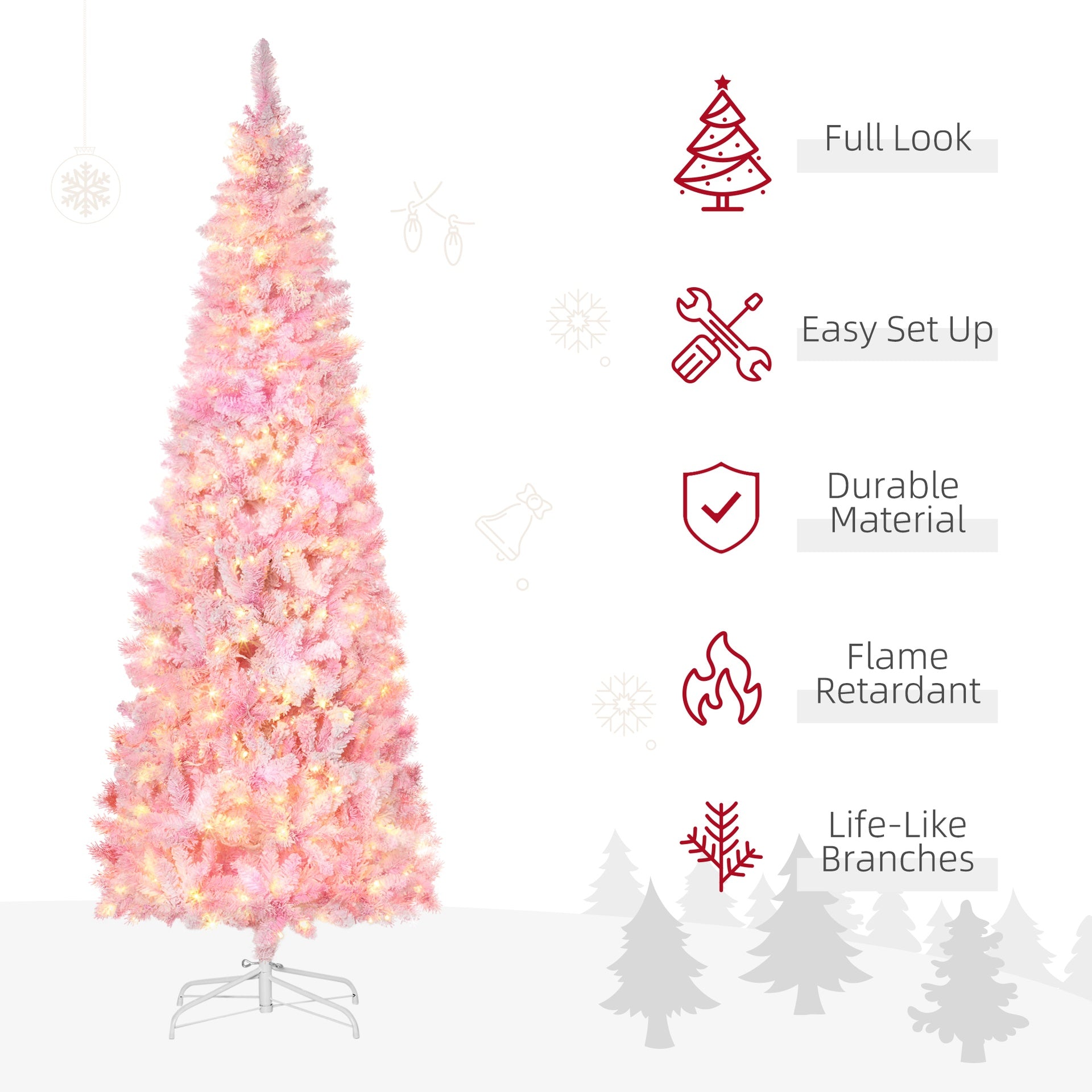 HOMCOM 7.5ft Prelit Snow Flocked Artificial Christmas Tree with Pencil Shape, Pine Realistic Branches, Warm White LED lights, Auto Open, Pink and White