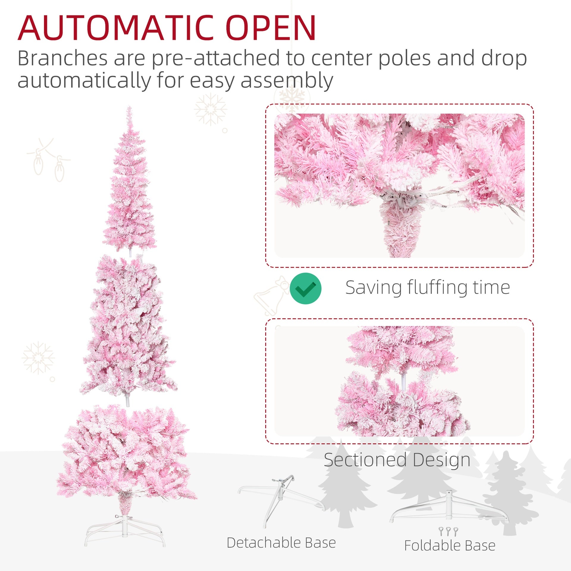 HOMCOM 7.5ft Prelit Snow Flocked Artificial Christmas Tree with Pencil Shape, Pine Realistic Branches, Warm White LED lights, Auto Open, Pink and White