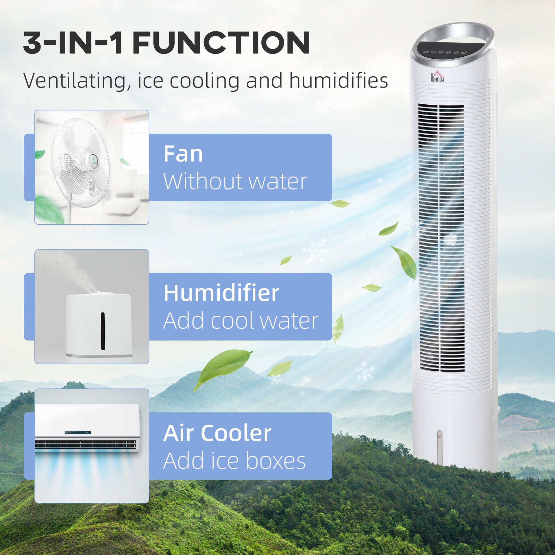 HOMCOM 40" Portable Oscillating Air Cooler Fan for Home Office, 3-In-1 Standing Ice Floor Fan with Humidifier, 3 Modes, 3 Speeds, 8H Timer, Remote, LED Display, White