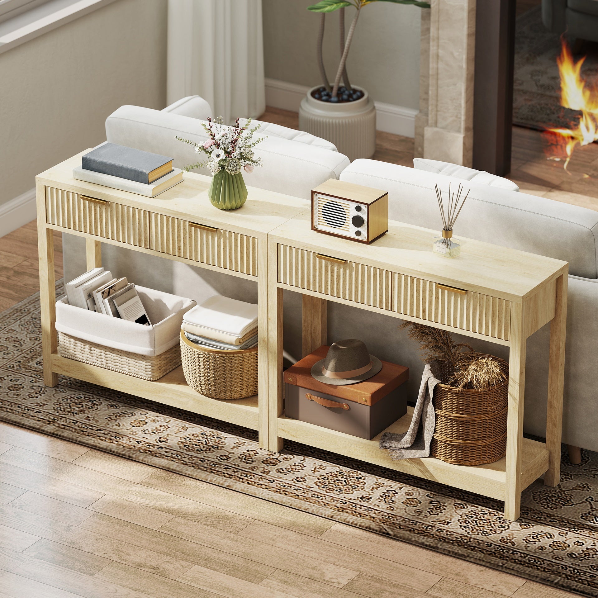 HOMCOM 35" Console Table with Storage, Narrow Entryway Table with Fluted Panel Drawers and Shelf for Hallway, Natural
