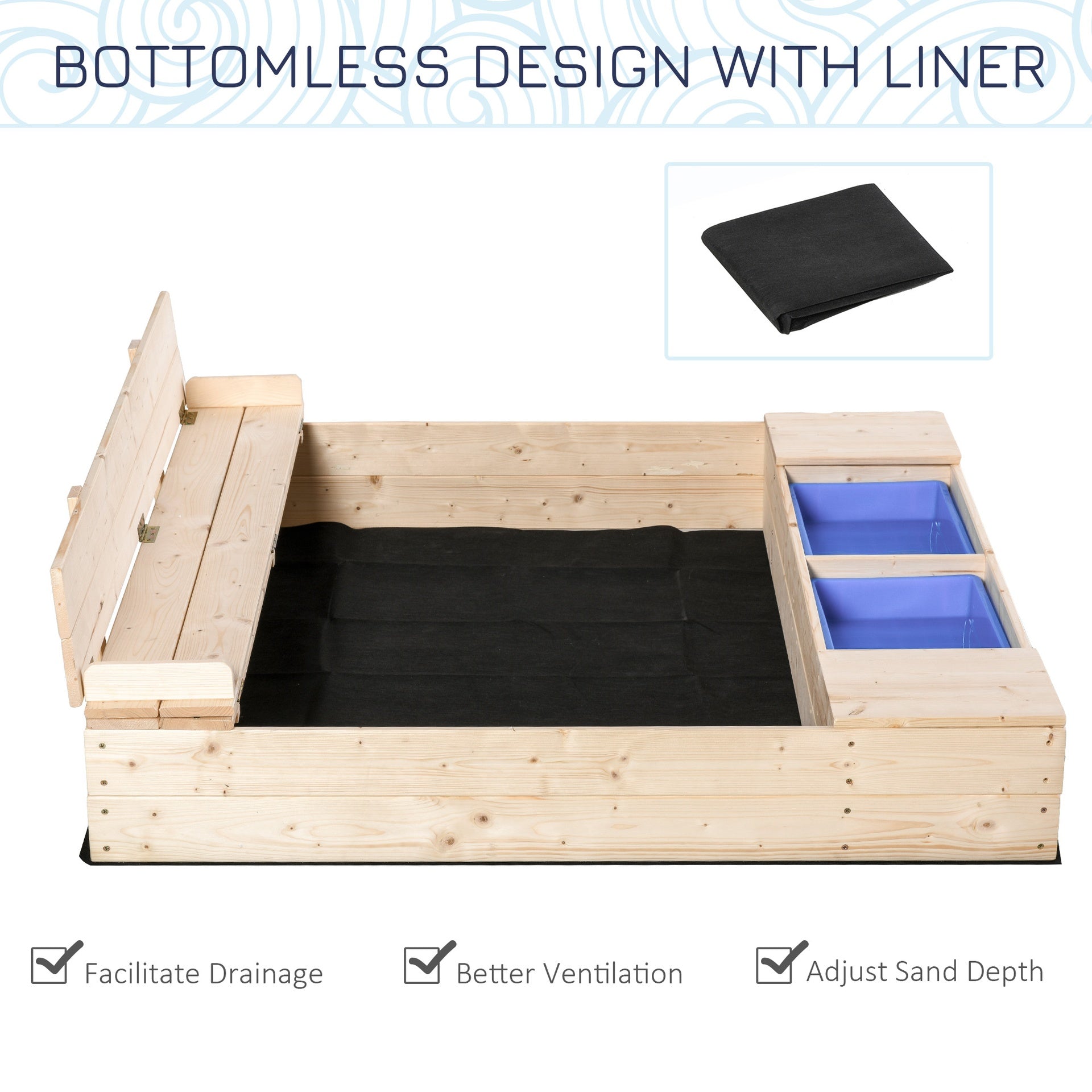 Outsunny Kids Wooden Sandbox w/ Two Plastic Boxes Foldable Bench Seat Waterproof Cover Bottom Liner Storage Space