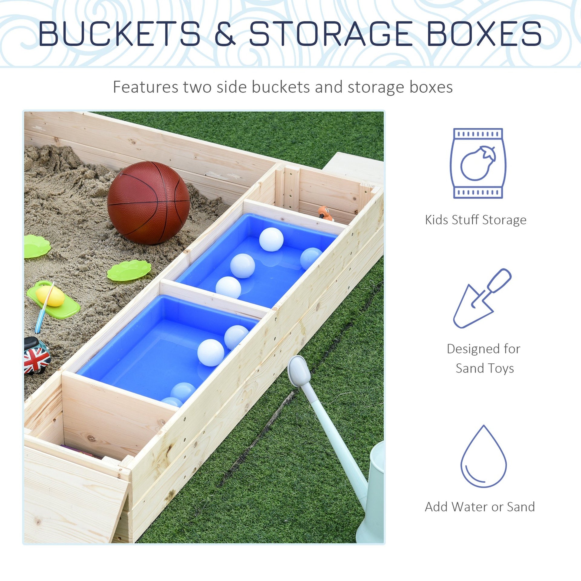 Outsunny Kids Wooden Sandbox w/ Two Plastic Boxes Foldable Bench Seat Waterproof Cover Bottom Liner Storage Space