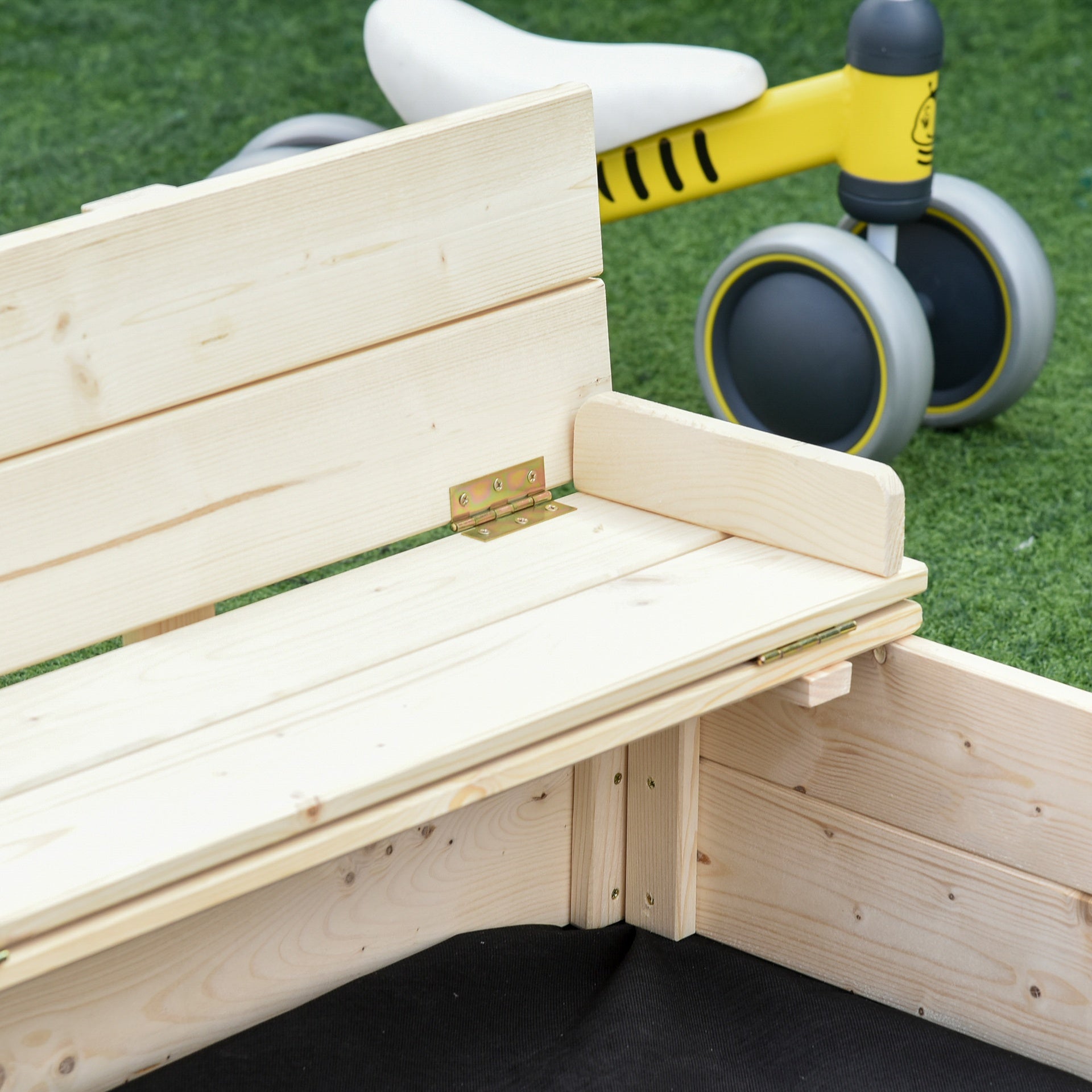 Outsunny Kids Wooden Sandbox w/ Two Plastic Boxes Foldable Bench Seat Waterproof Cover Bottom Liner Storage Space