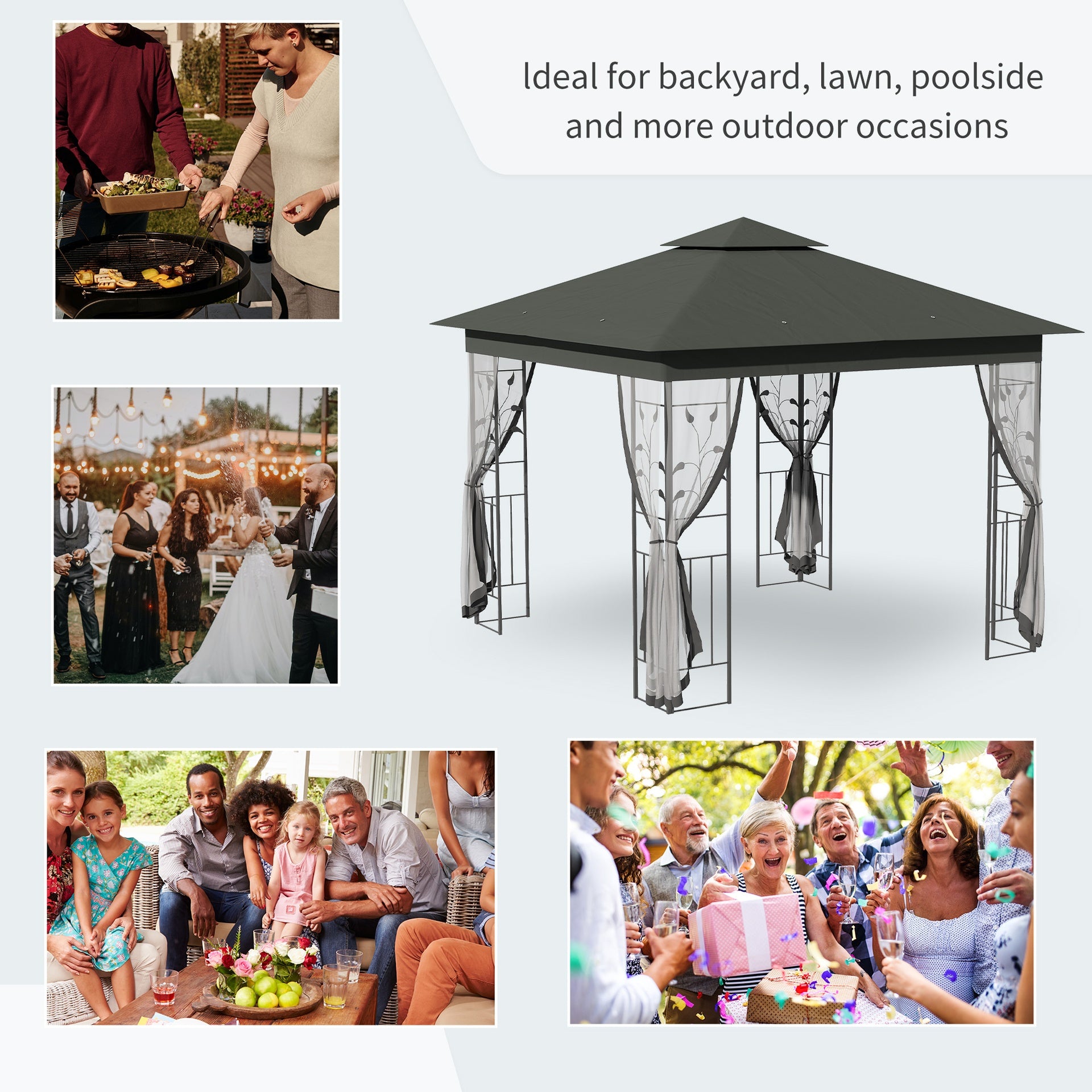 Outsunny 10' x 10' Metal Patio Gazebo, Double Roof Outdoor Gazebo Canopy Shelter with Tree Motifs Corner Frame and Netting, for Garden, Lawn, Backyard, and Deck, Gray