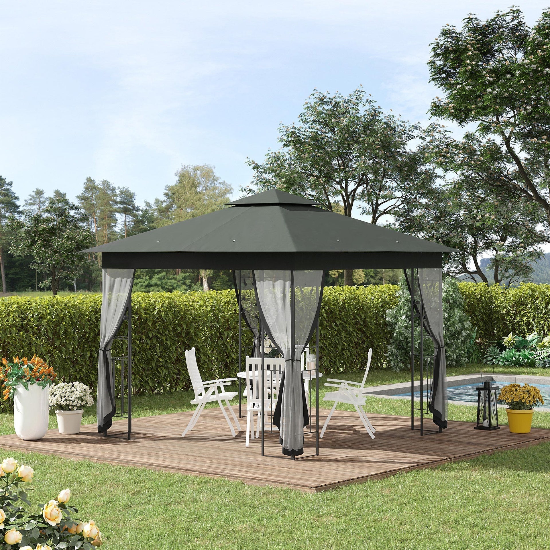 Outsunny 10' x 10' Metal Patio Gazebo, Double Roof Outdoor Gazebo Canopy Shelter with Tree Motifs Corner Frame and Netting, for Garden, Lawn, Backyard, and Deck, Gray