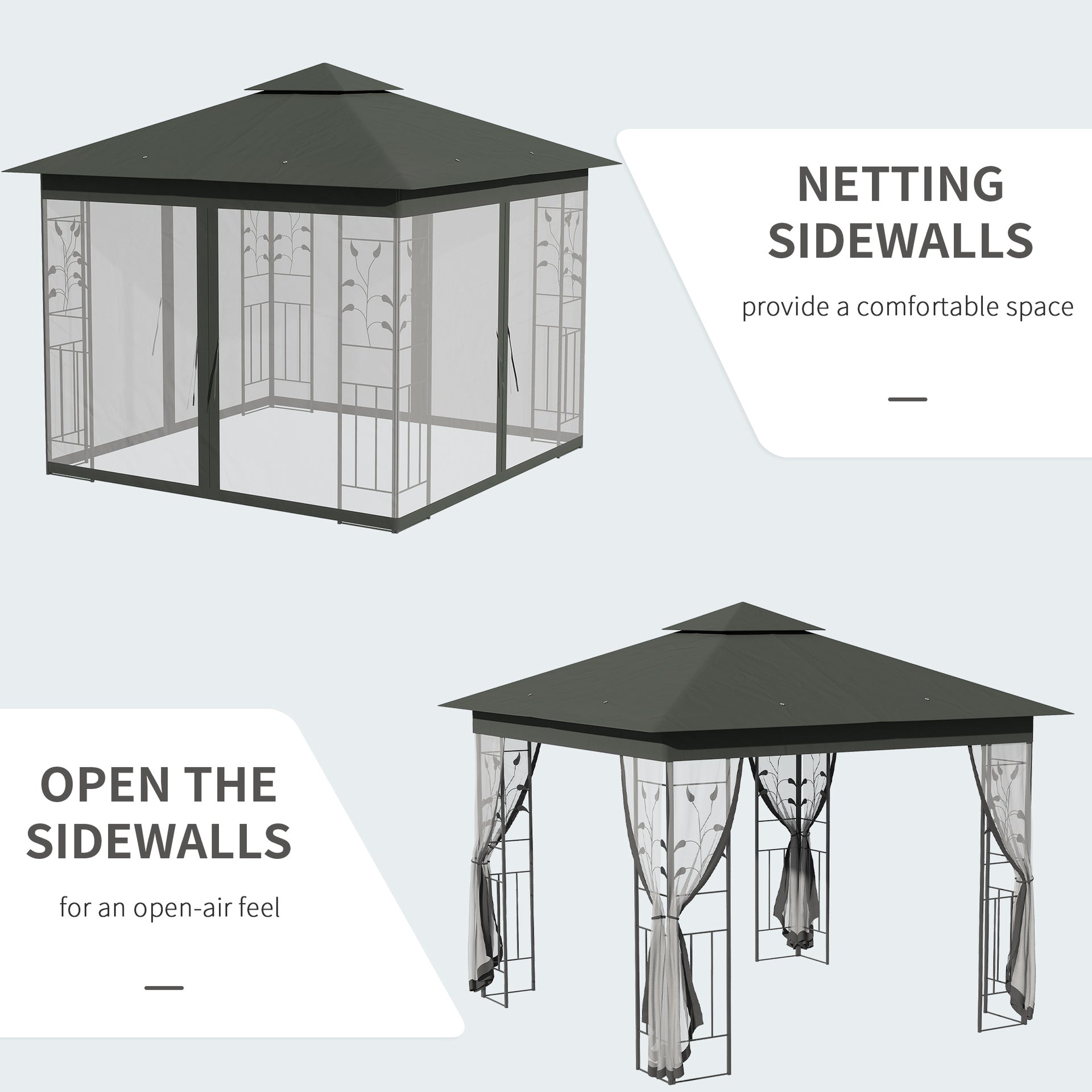 Outsunny 10' x 10' Metal Patio Gazebo, Double Roof Outdoor Gazebo Canopy Shelter with Tree Motifs Corner Frame and Netting, for Garden, Lawn, Backyard, and Deck, Gray