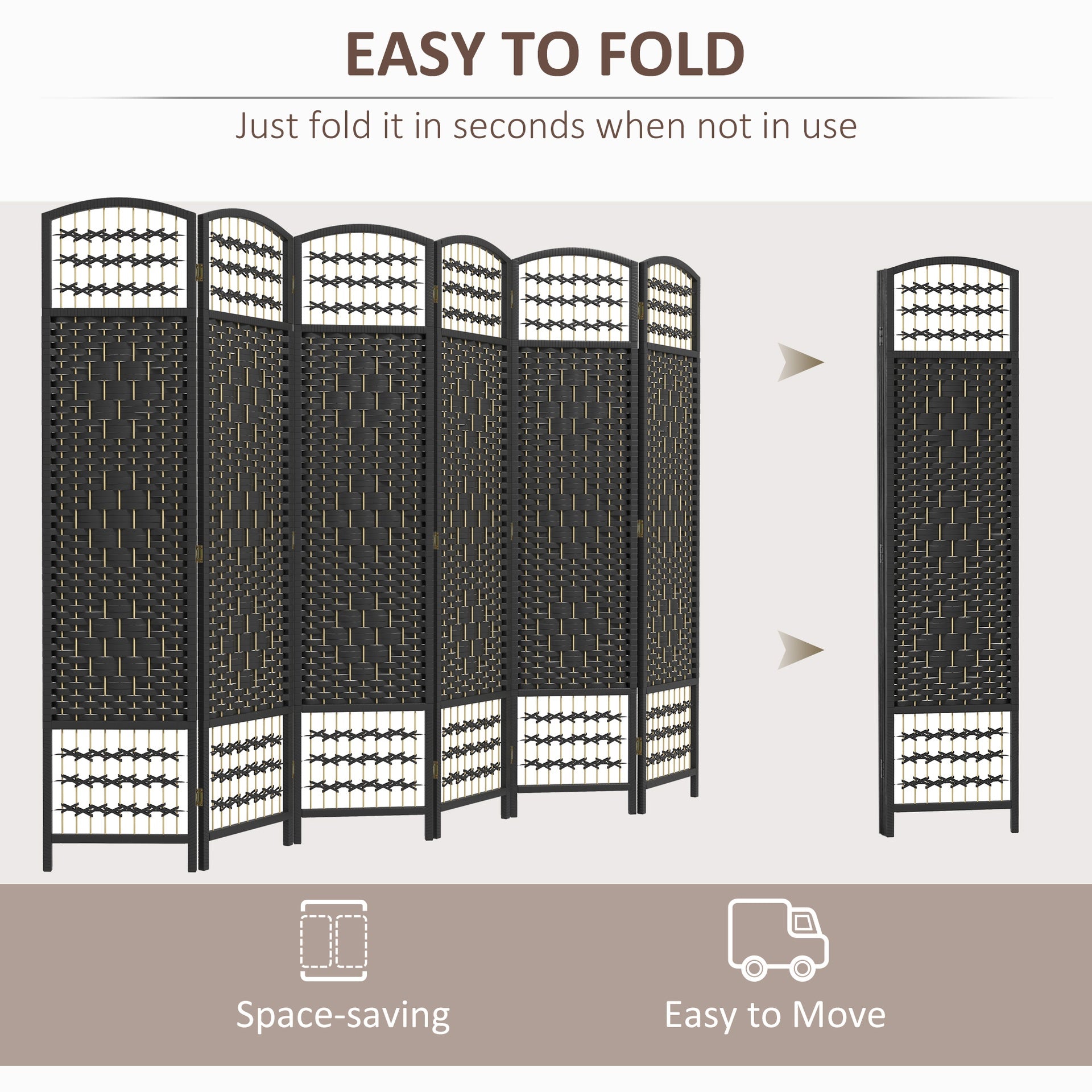HOMCOM 6 Panel Folding Room Divider Portable Privacy Screen Wave Fiber Room Partition for Home Office Black